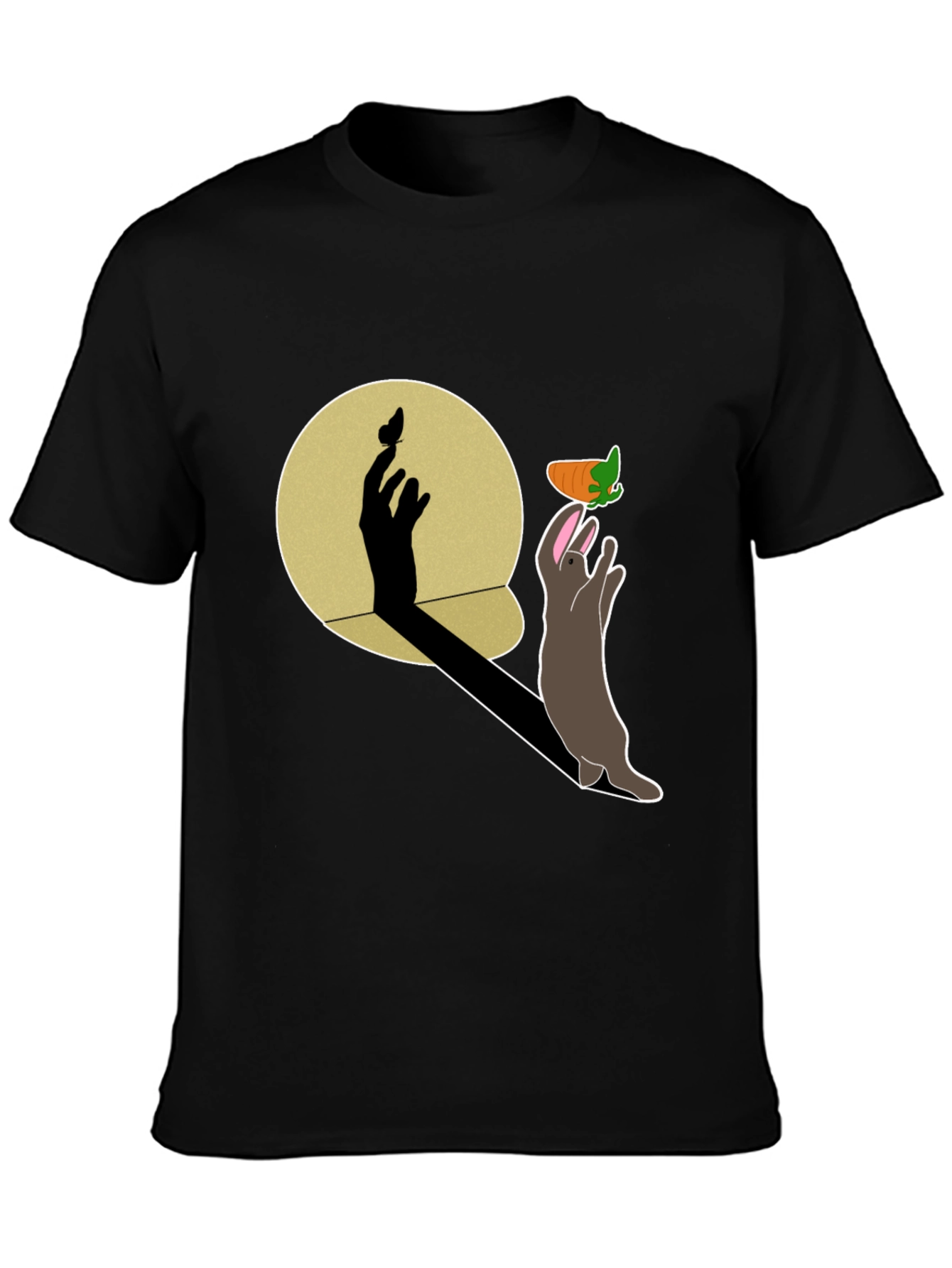 Whimsical Rabbit & Shadow Hand Carrot Black T-Shirt