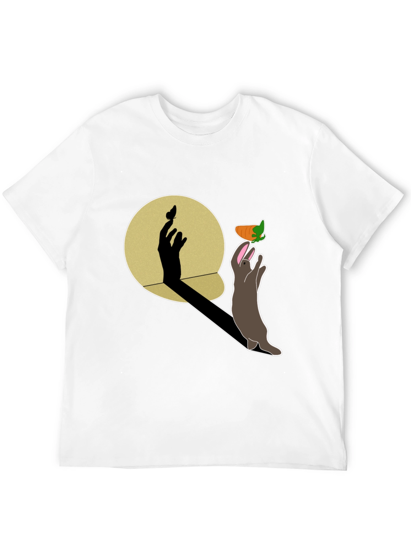 Whimsical Rabbit & Shadow Hand Carrot Black T-Shirt