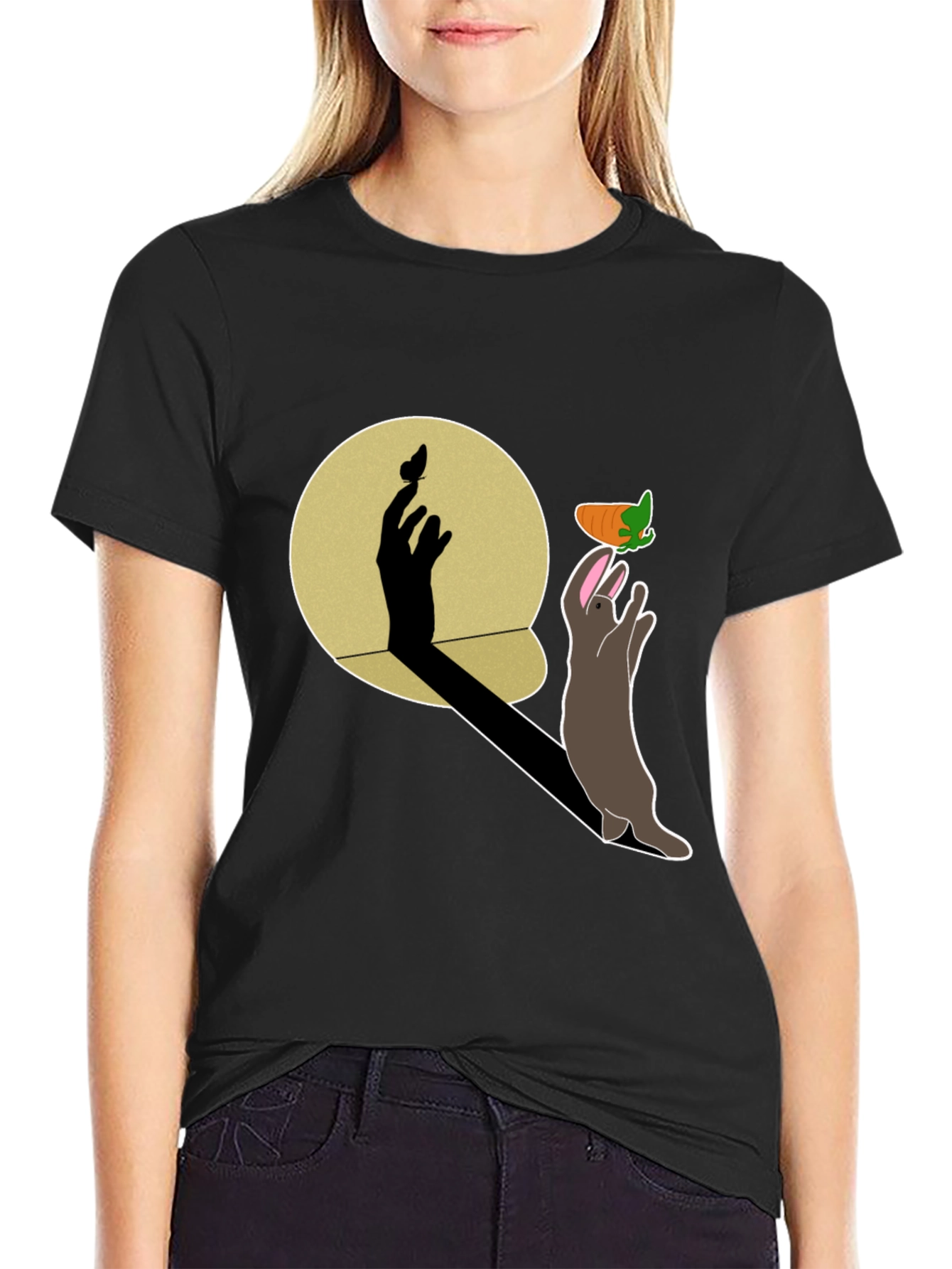 Whimsical Rabbit & Shadow Hand Carrot Black T-Shirt