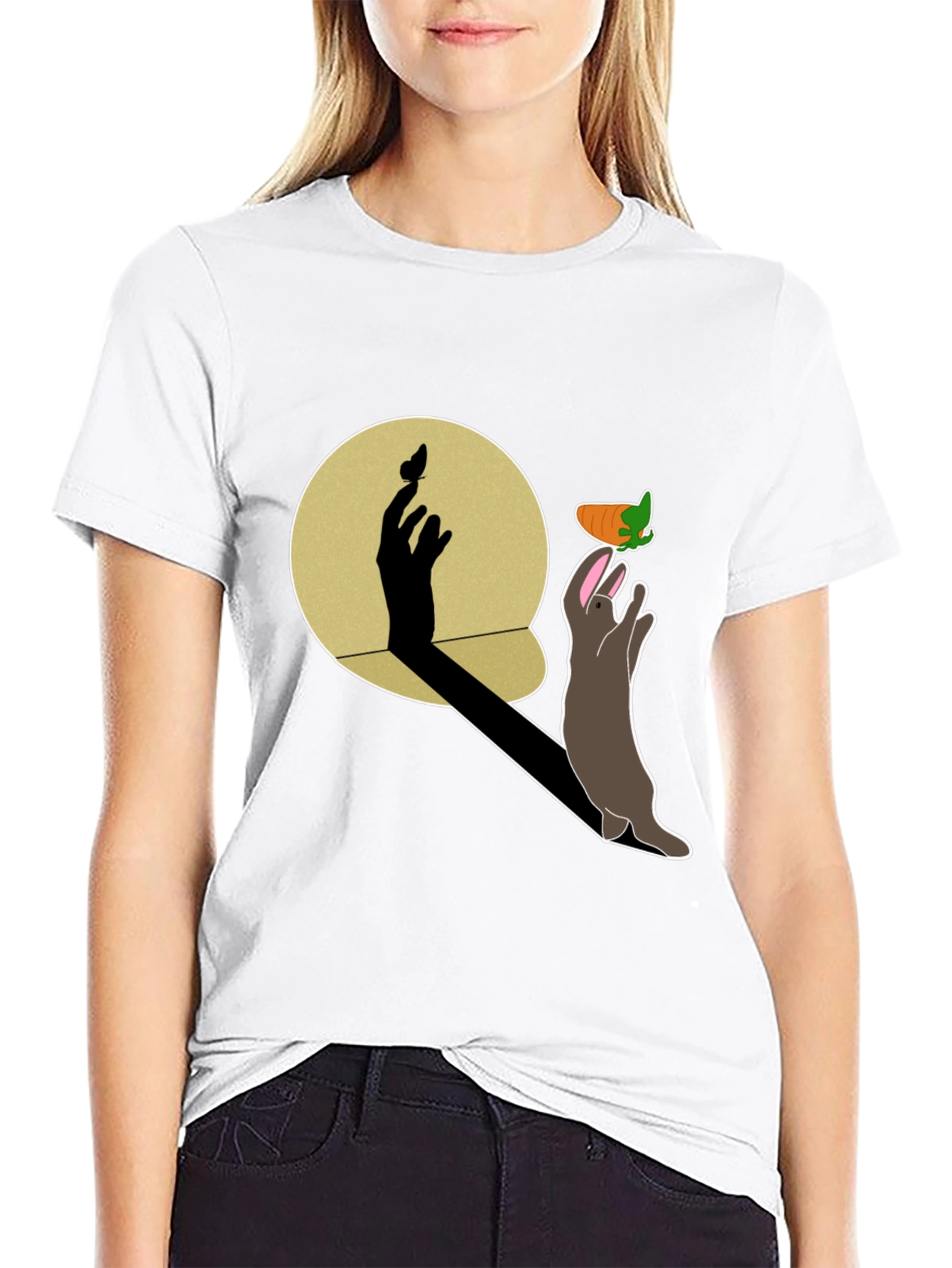 Whimsical Rabbit & Shadow Hand Carrot Black T-Shirt