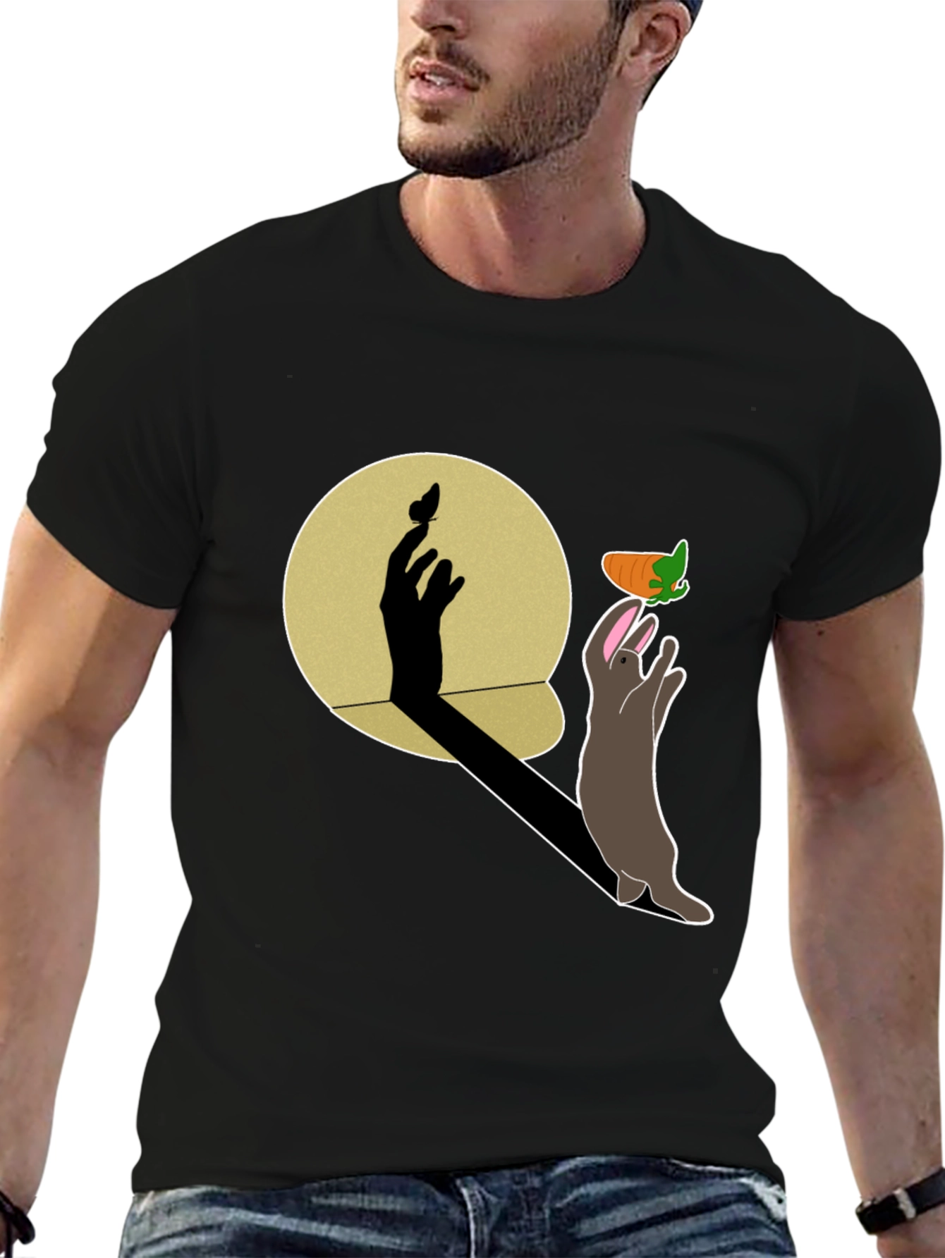 Whimsical Rabbit & Shadow Hand Carrot Black T-Shirt