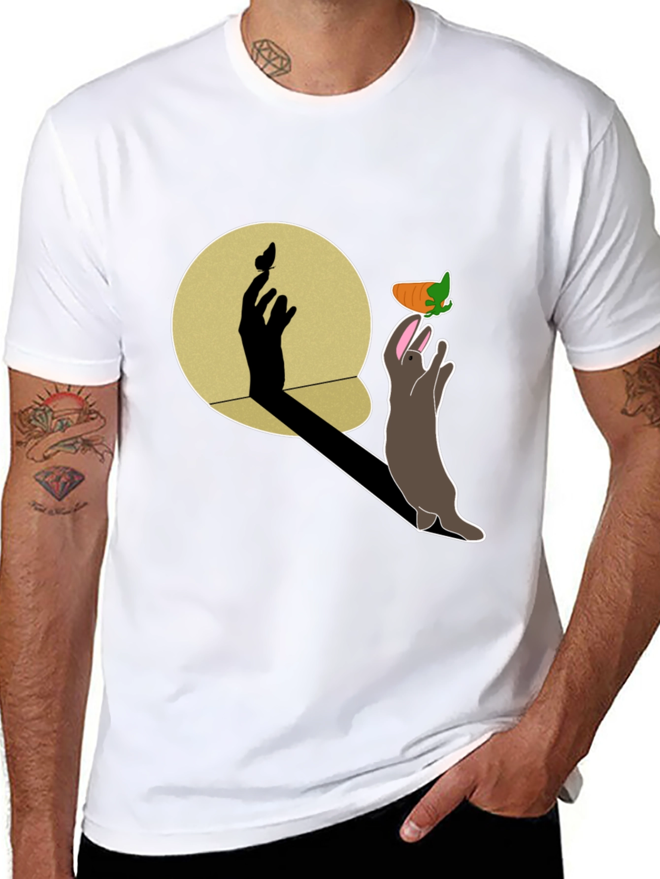 Whimsical Rabbit & Shadow Hand Carrot Black T-Shirt