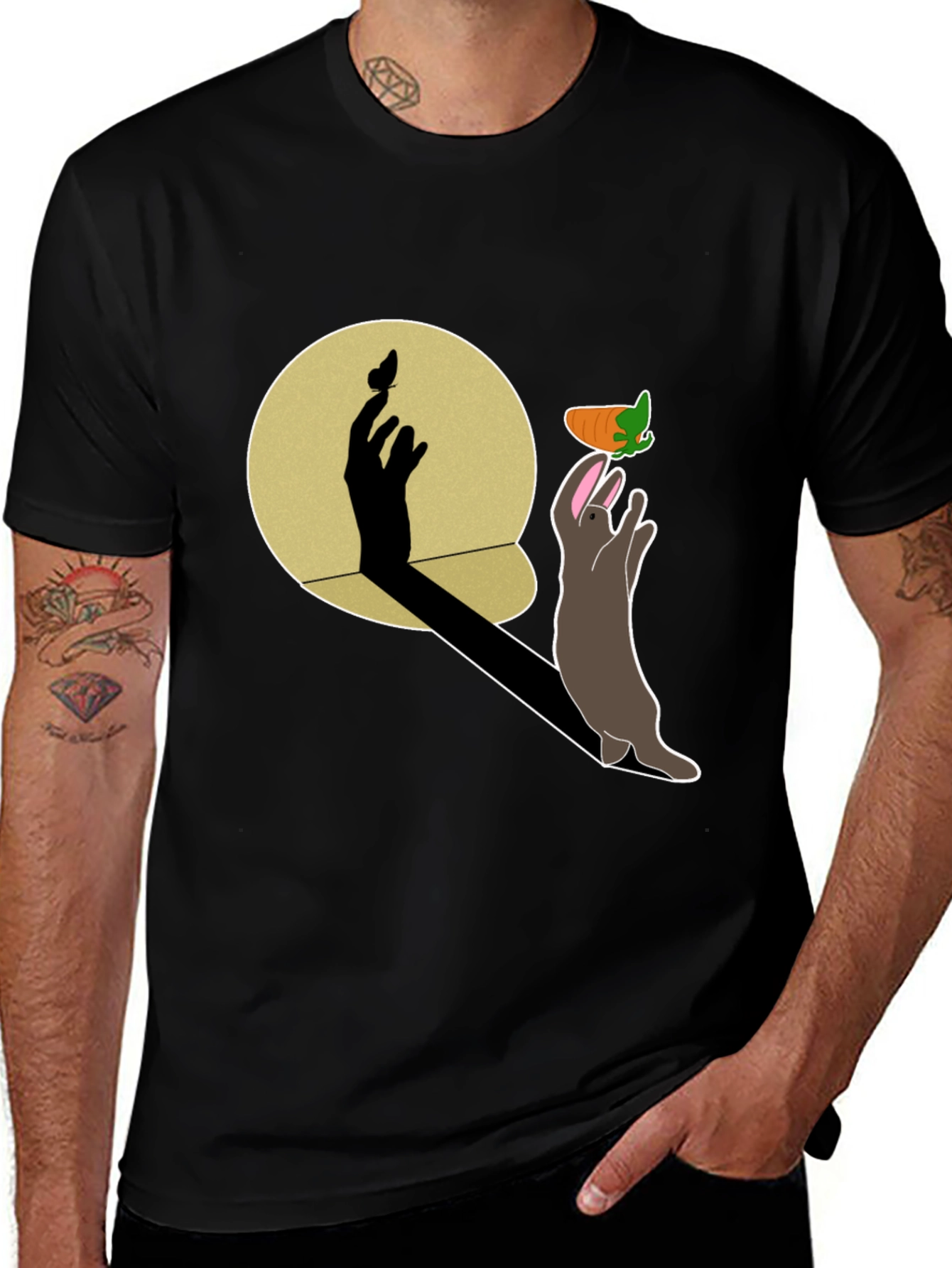 Whimsical Rabbit & Shadow Hand Carrot Black T-Shirt