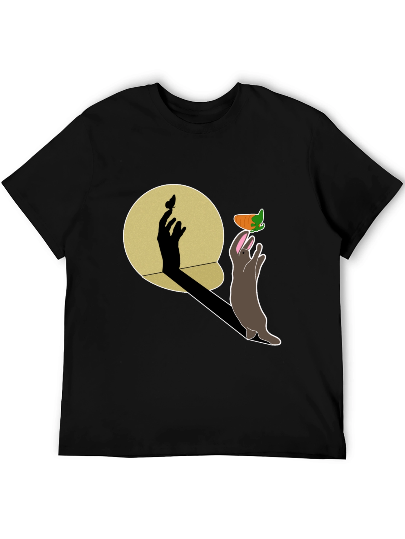 Whimsical Rabbit & Shadow Hand Carrot Black T-Shirt
