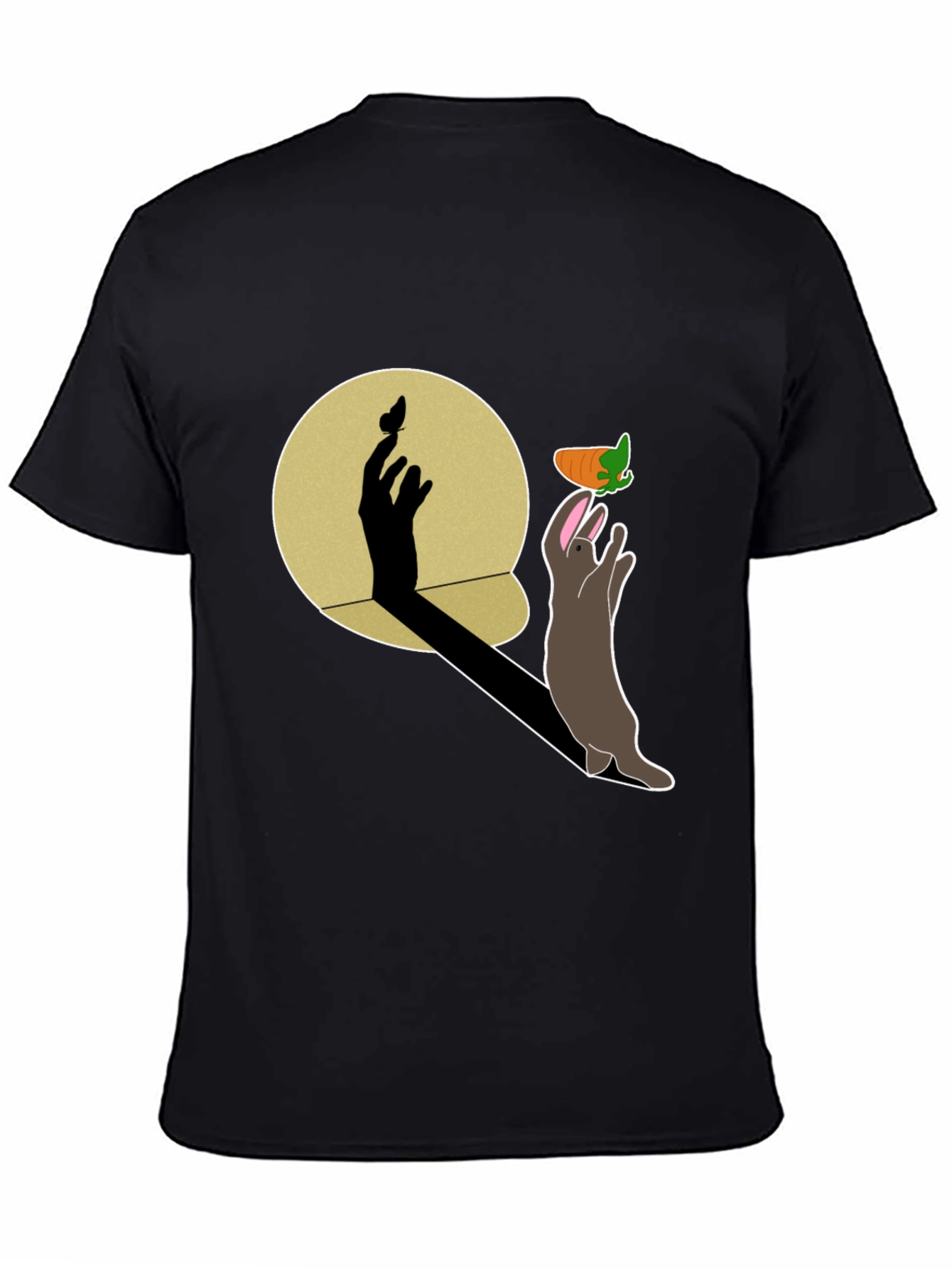 Whimsical Rabbit & Shadow Hand Carrot Black T-Shirt