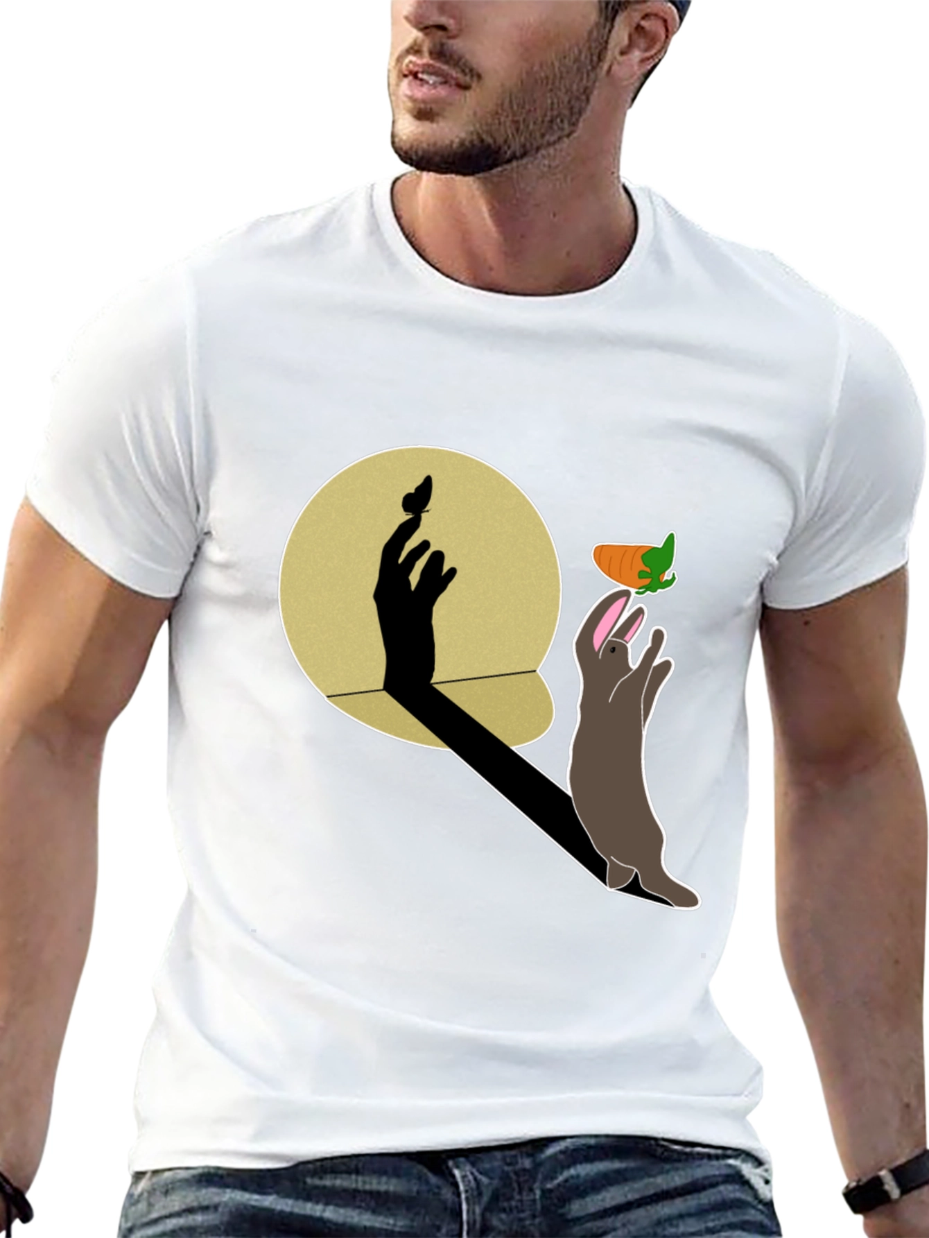 Whimsical Rabbit & Shadow Hand Carrot Black T-Shirt