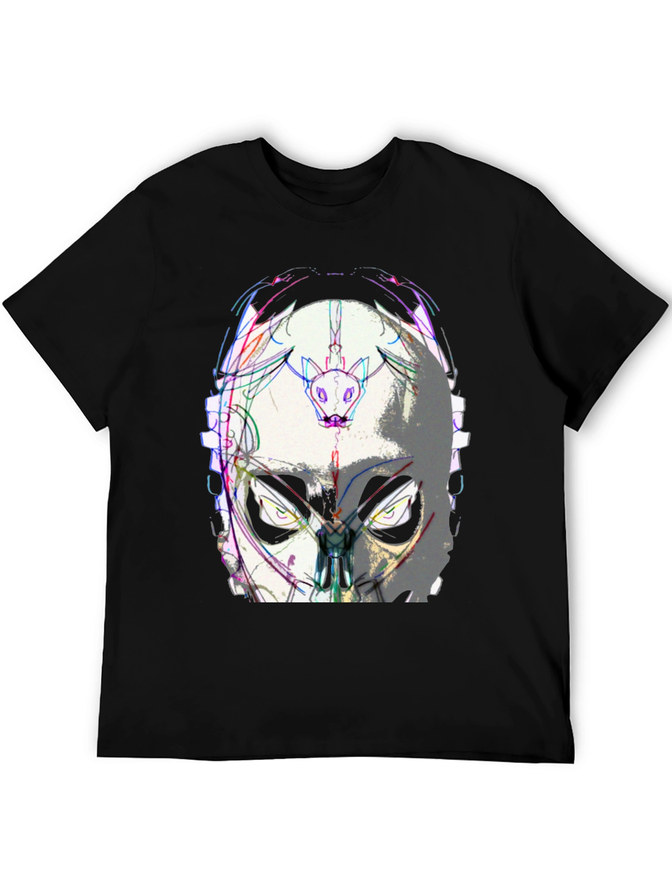 Abstract Mask Graphic Tee - Black Cotton Blend