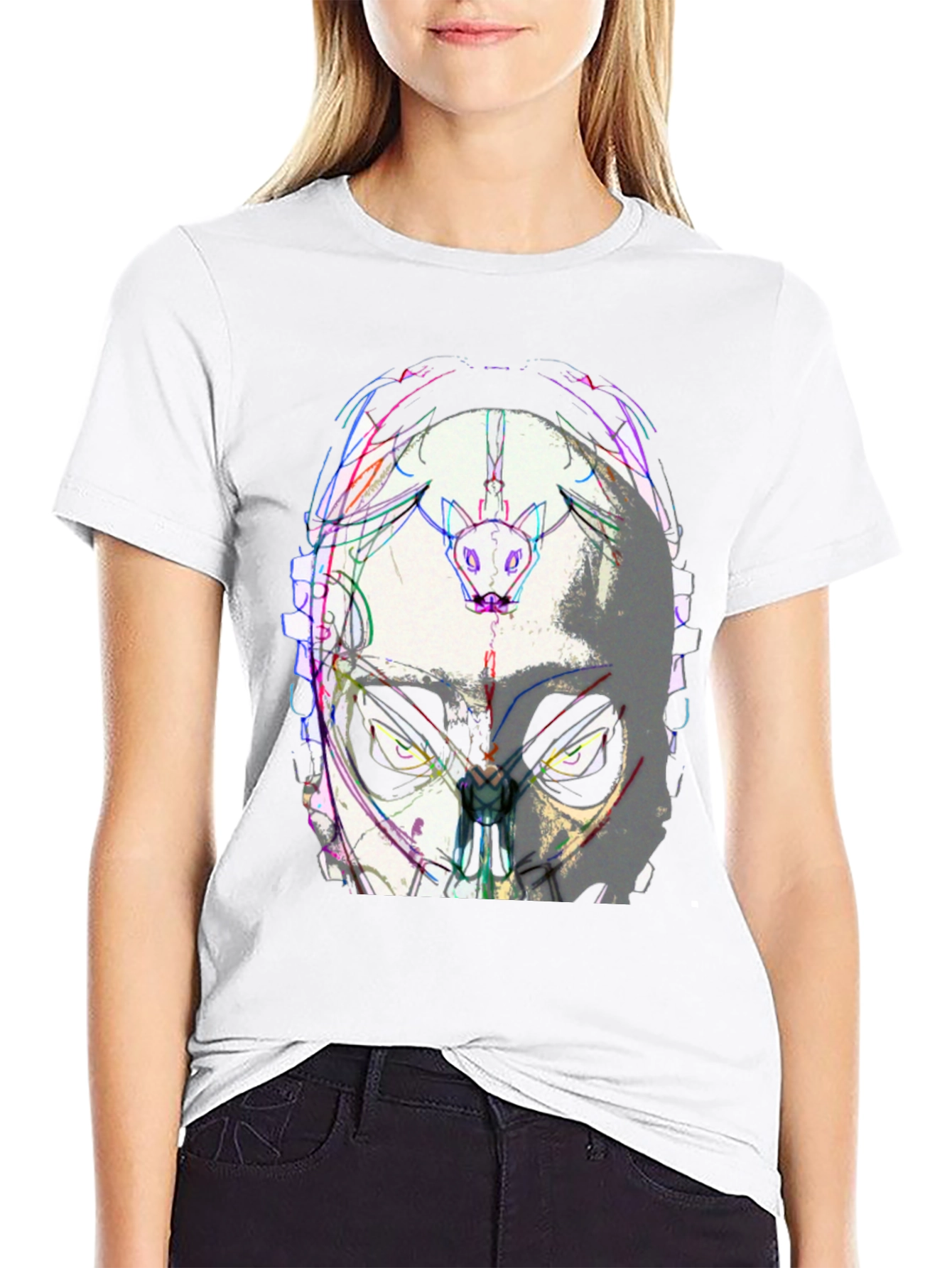 Abstract Mask Graphic Tee - Black Cotton Blend