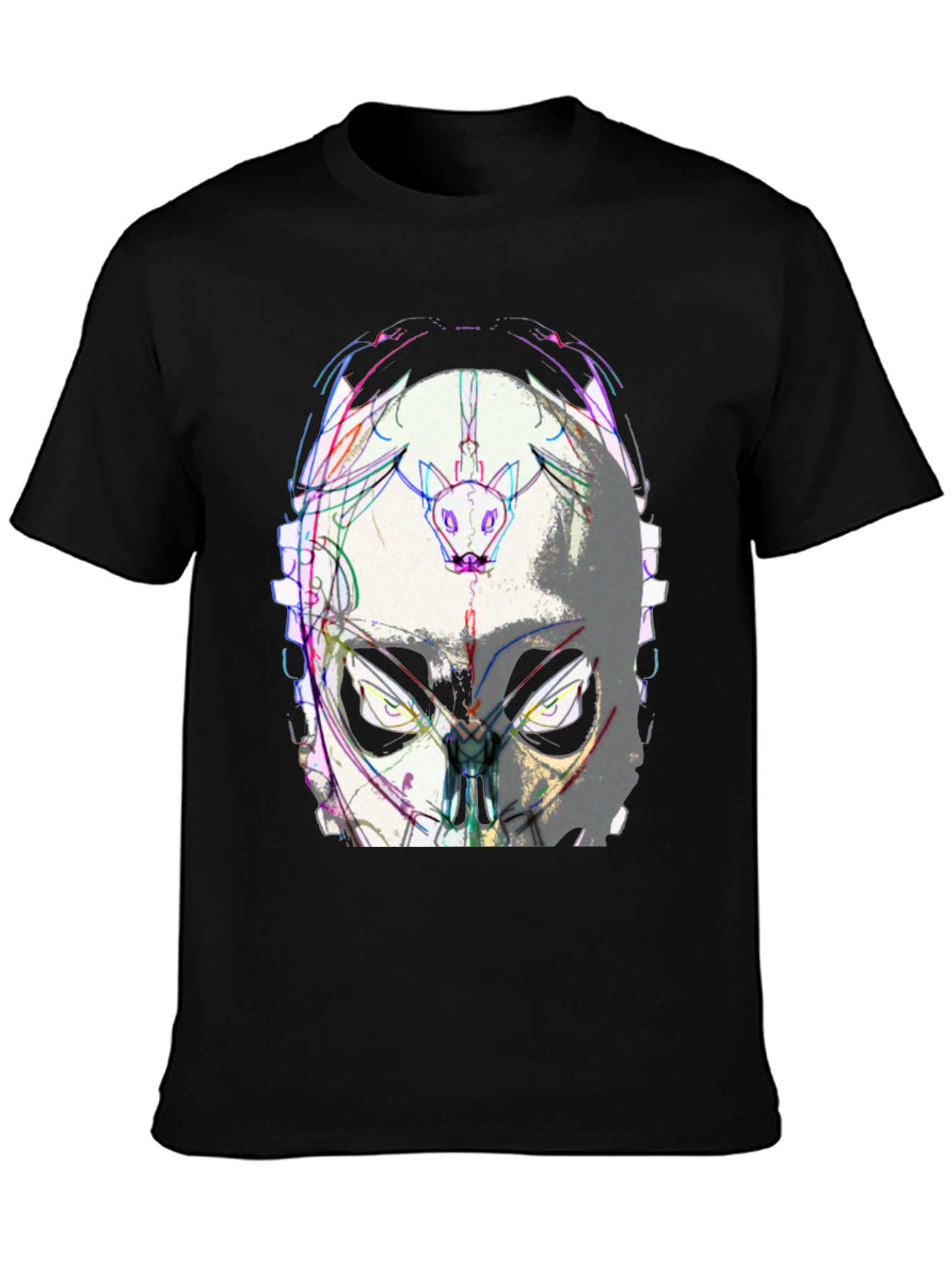 Abstract Mask Graphic Tee - Black Cotton Blend
