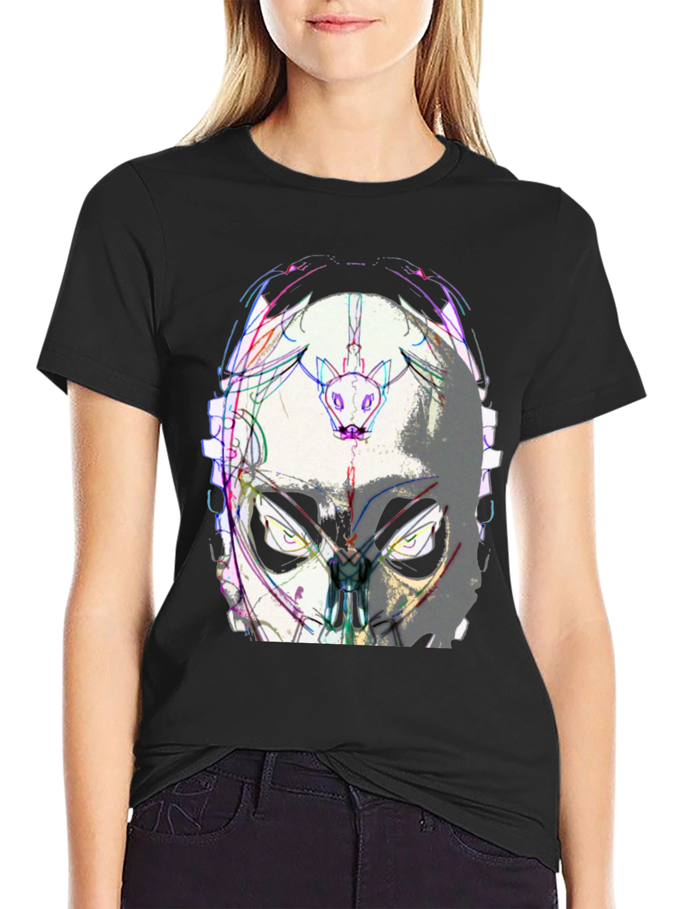 Abstract Mask Graphic Tee - Black Cotton Blend