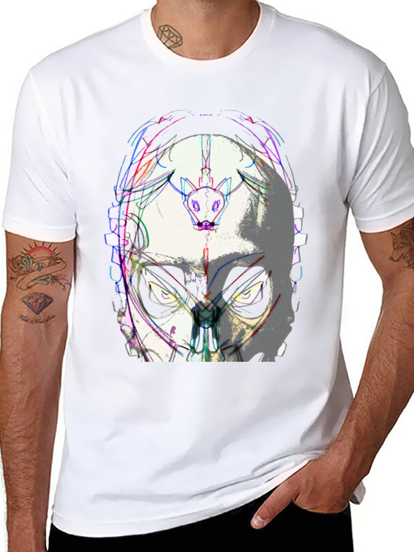 Abstract Mask Graphic Tee - Black Cotton Blend