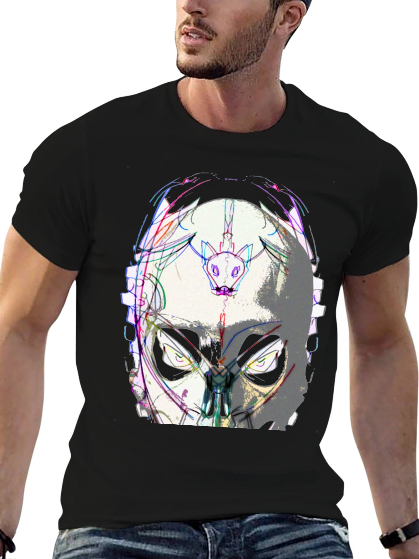 Abstract Mask Graphic Tee - Black Cotton Blend