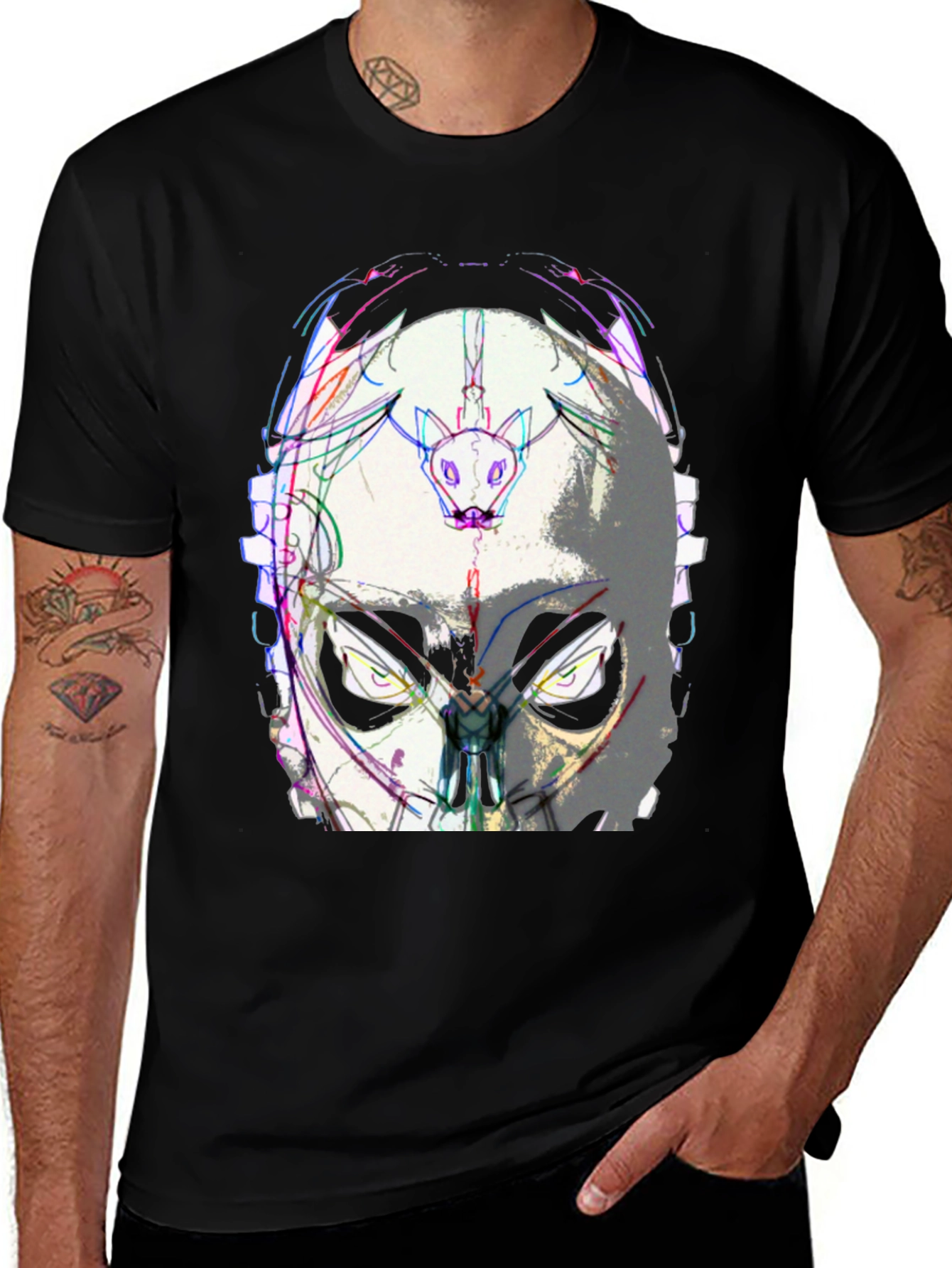 Abstract Mask Graphic Tee - Black Cotton Blend