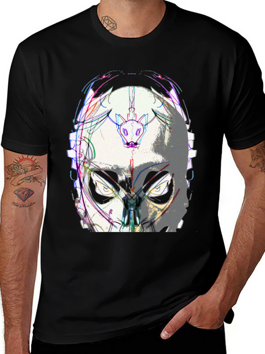 Abstract Mask Graphic Tee - Black Cotton Blend