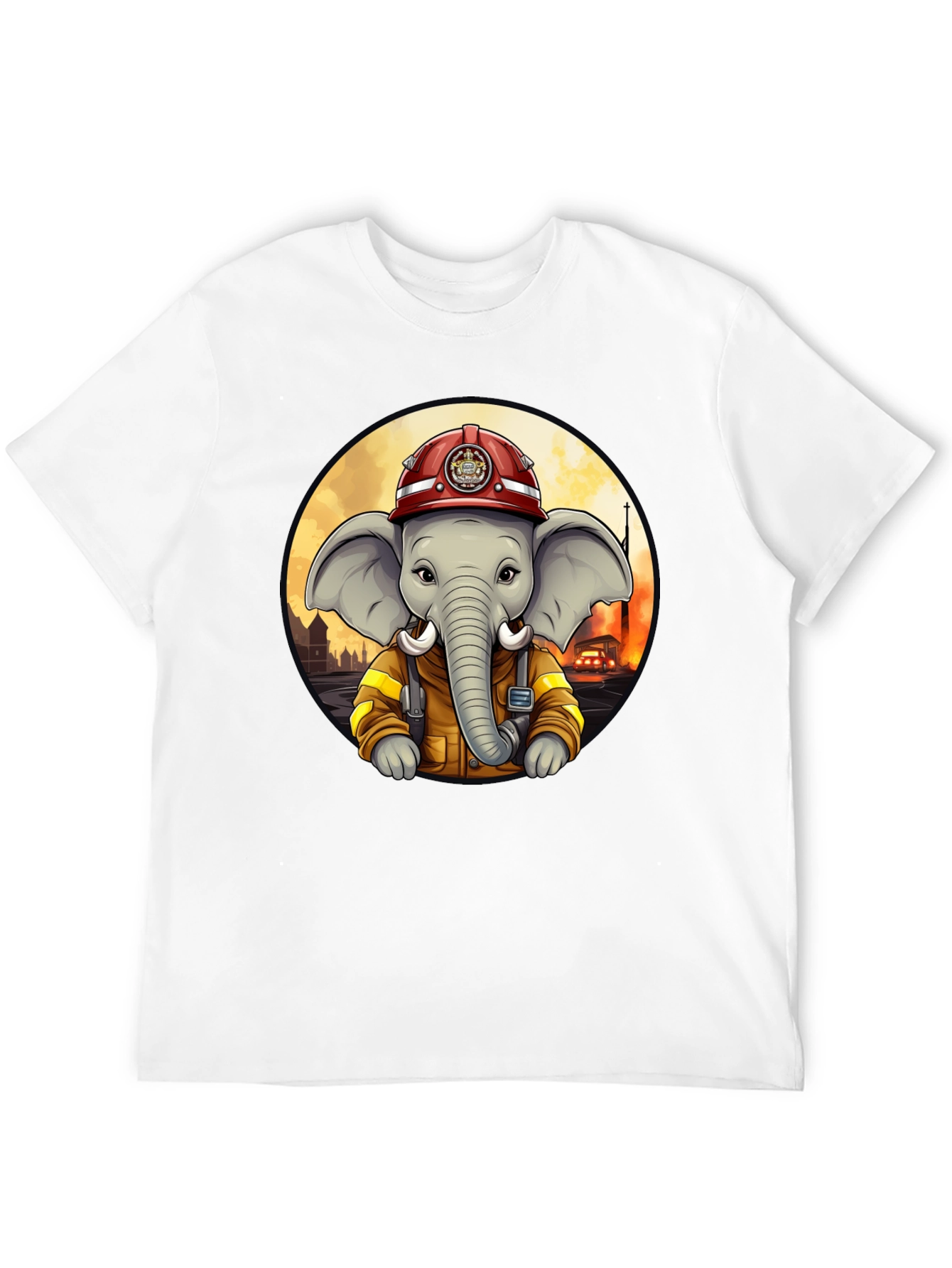 Elephant Firefighter T-Shirt - Cartoon Style