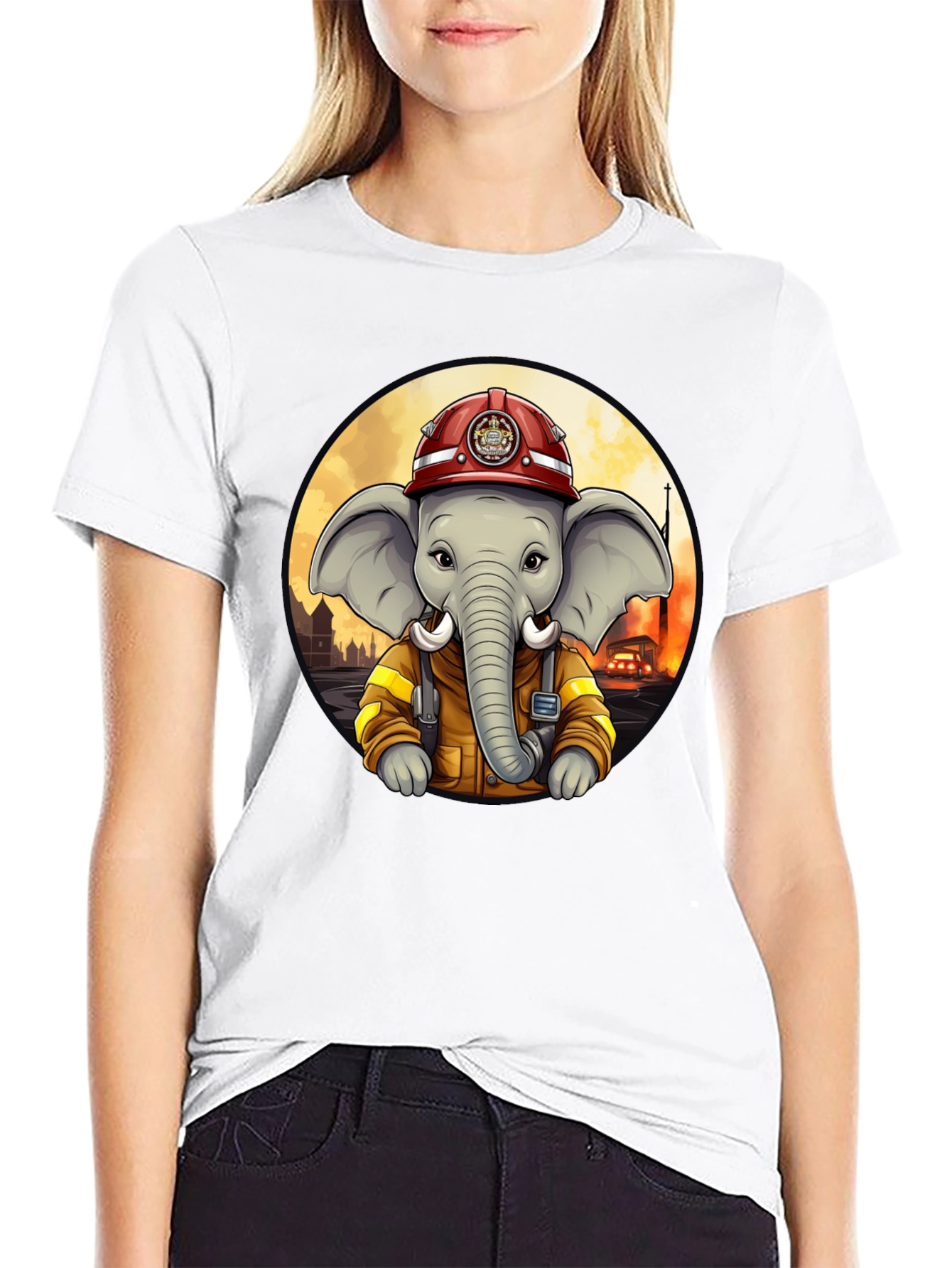 Elephant Firefighter T-Shirt - Cartoon Style