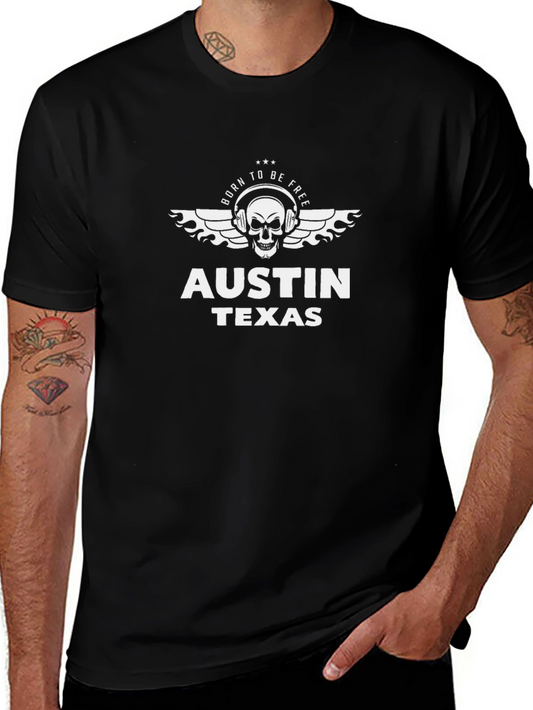 Austin Texas Skull Headphones Graphic Tee - Black Cotton