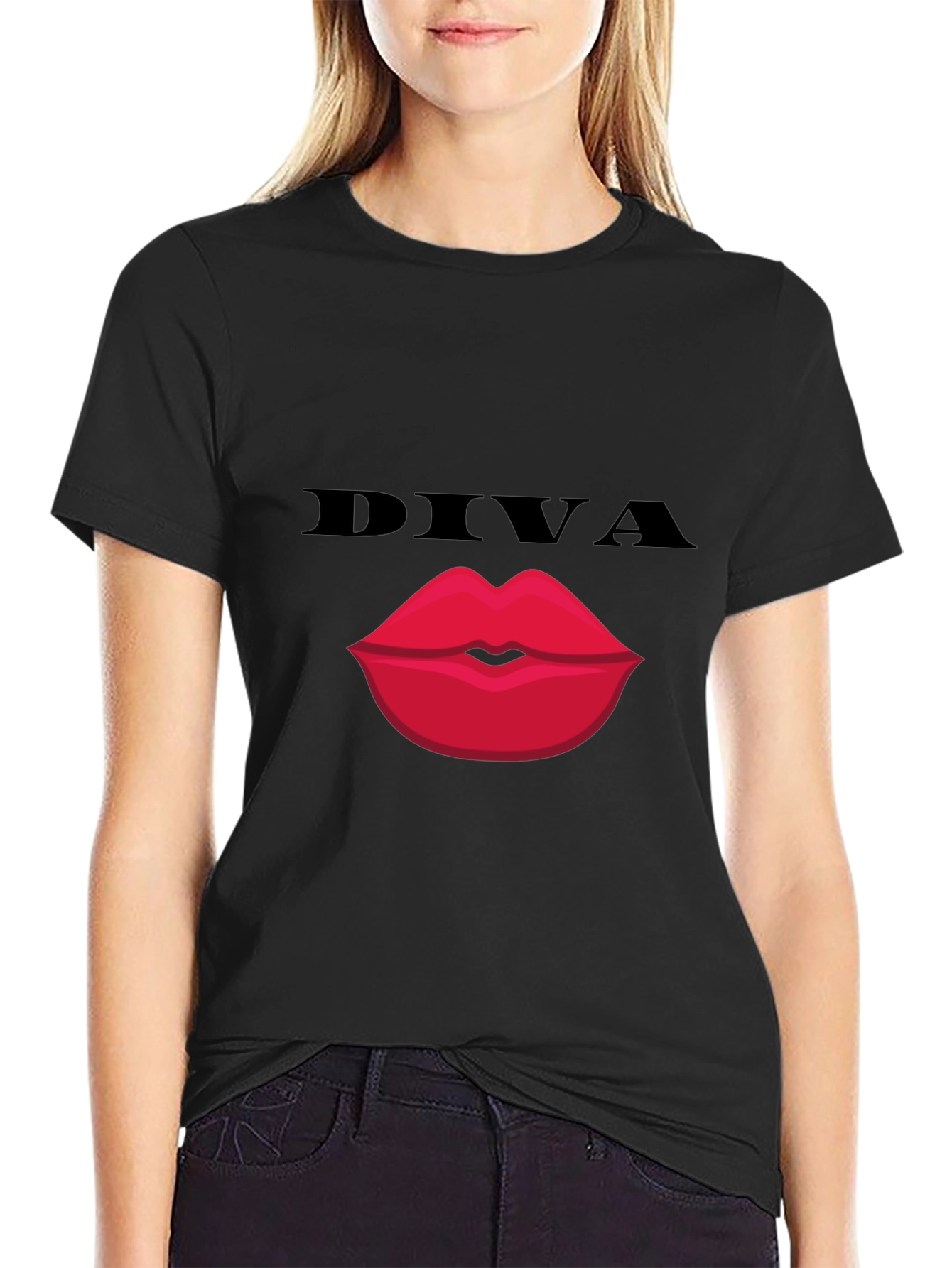 Diva Lips Graphic Tee - Bold Black Cotton T-Shirt