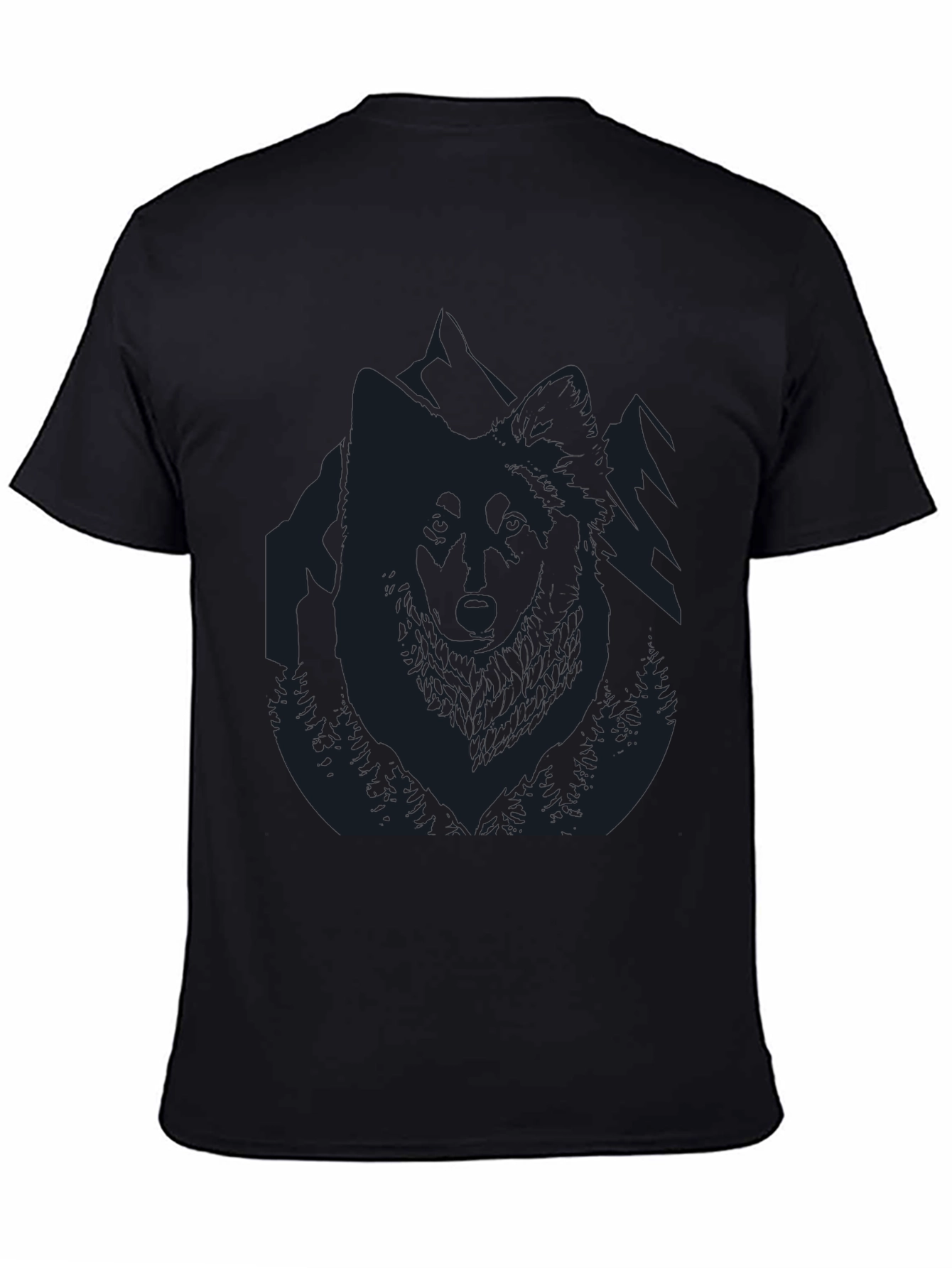 Mens Black T-Shirt with Wolf and Mountain Design