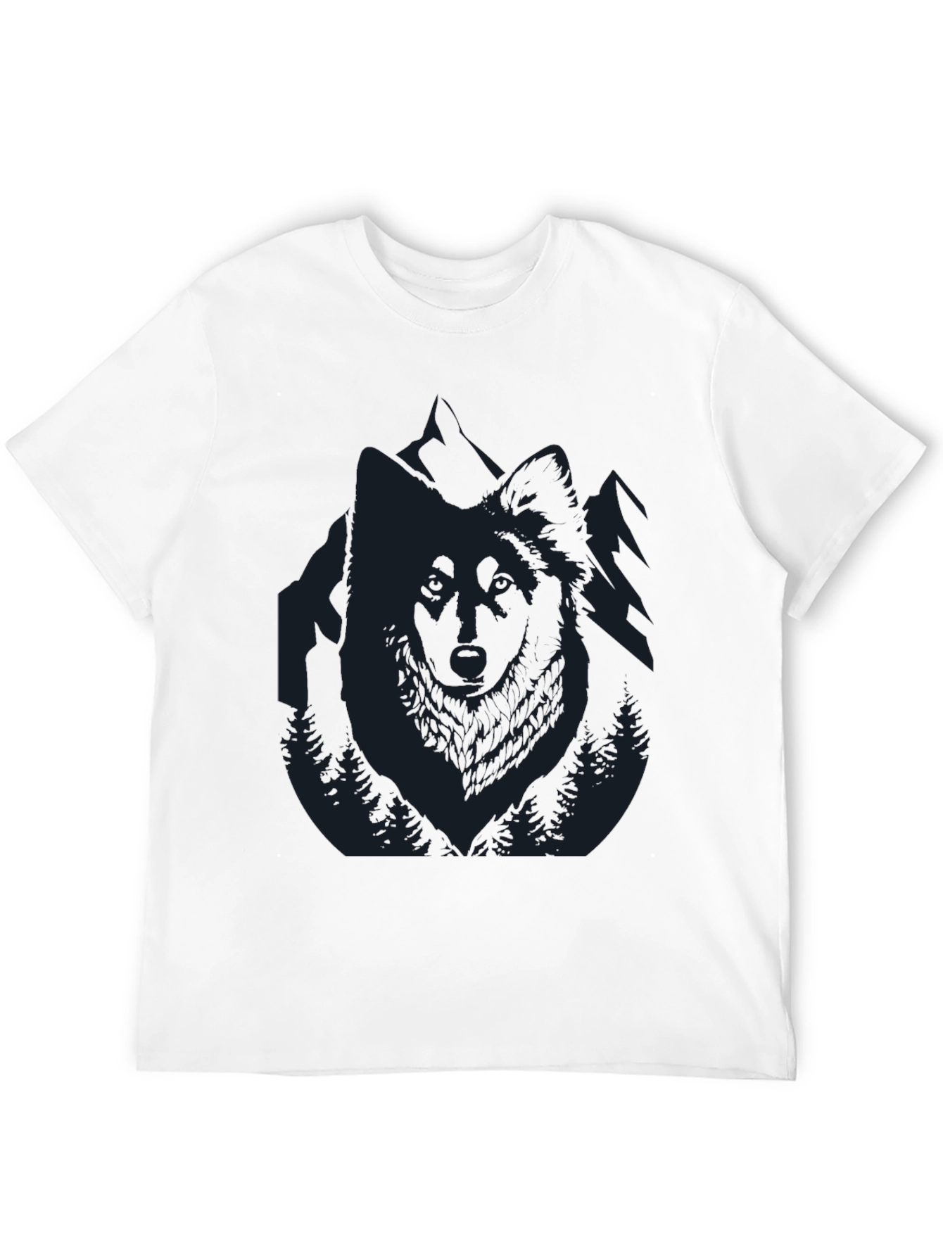 Mens Black T-Shirt with Wolf and Mountain Design