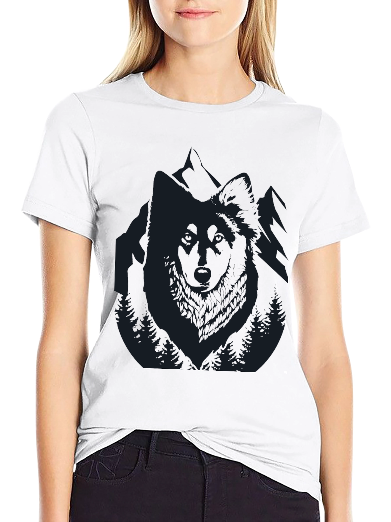 Mens Black T-Shirt with Wolf and Mountain Design