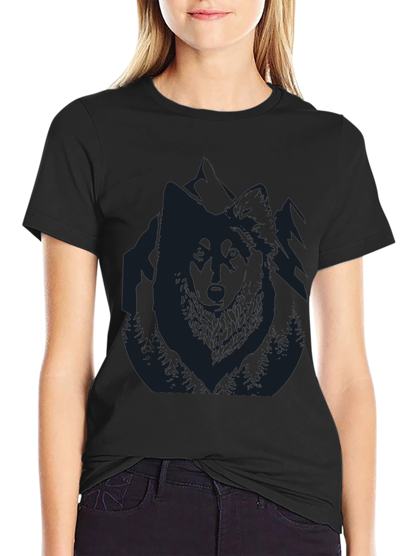 Mens Black T-Shirt with Wolf and Mountain Design