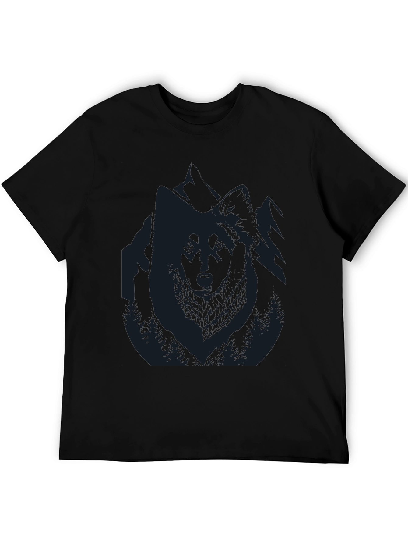 Mens Black T-Shirt with Wolf and Mountain Design
