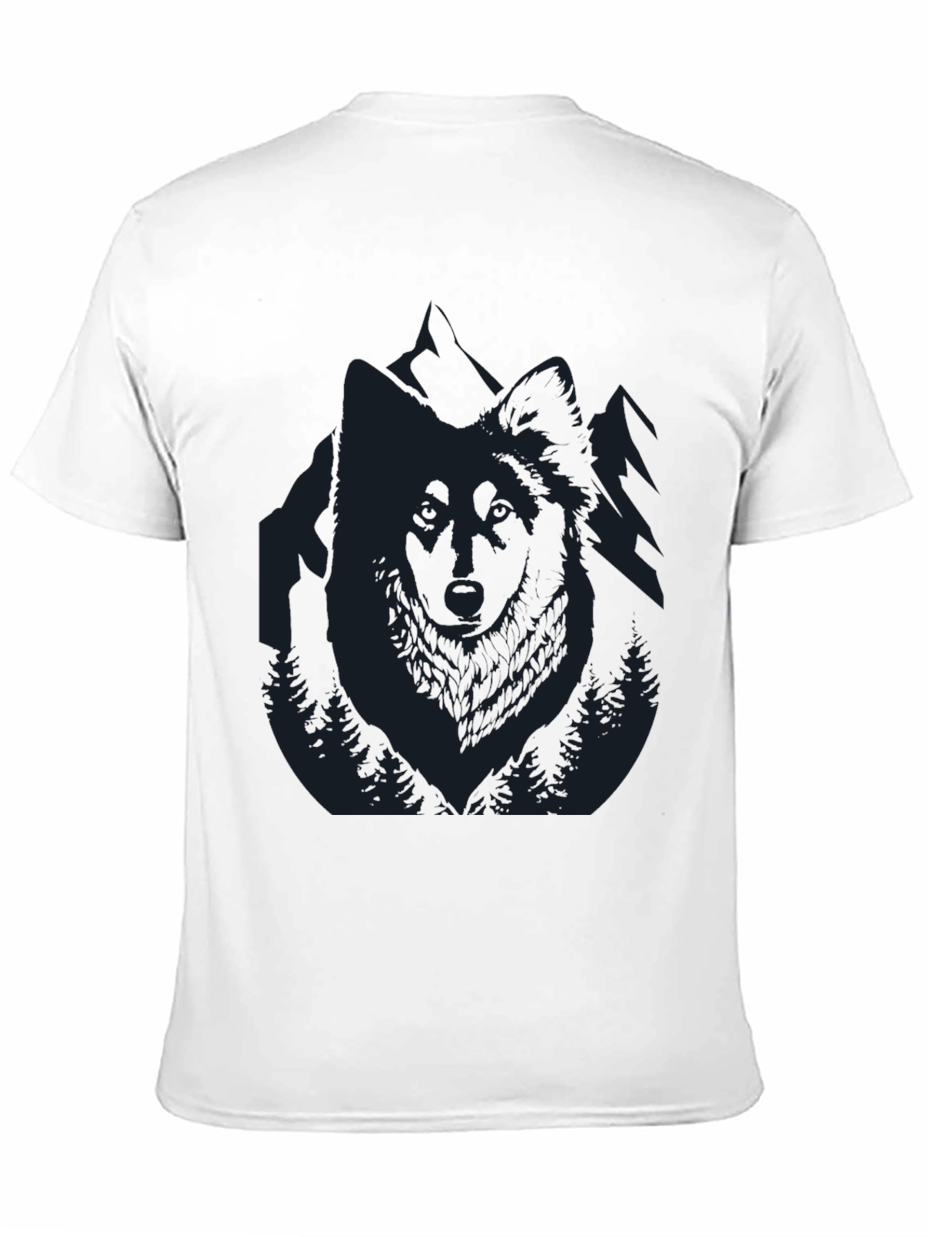 Mens Black T-Shirt with Wolf and Mountain Design
