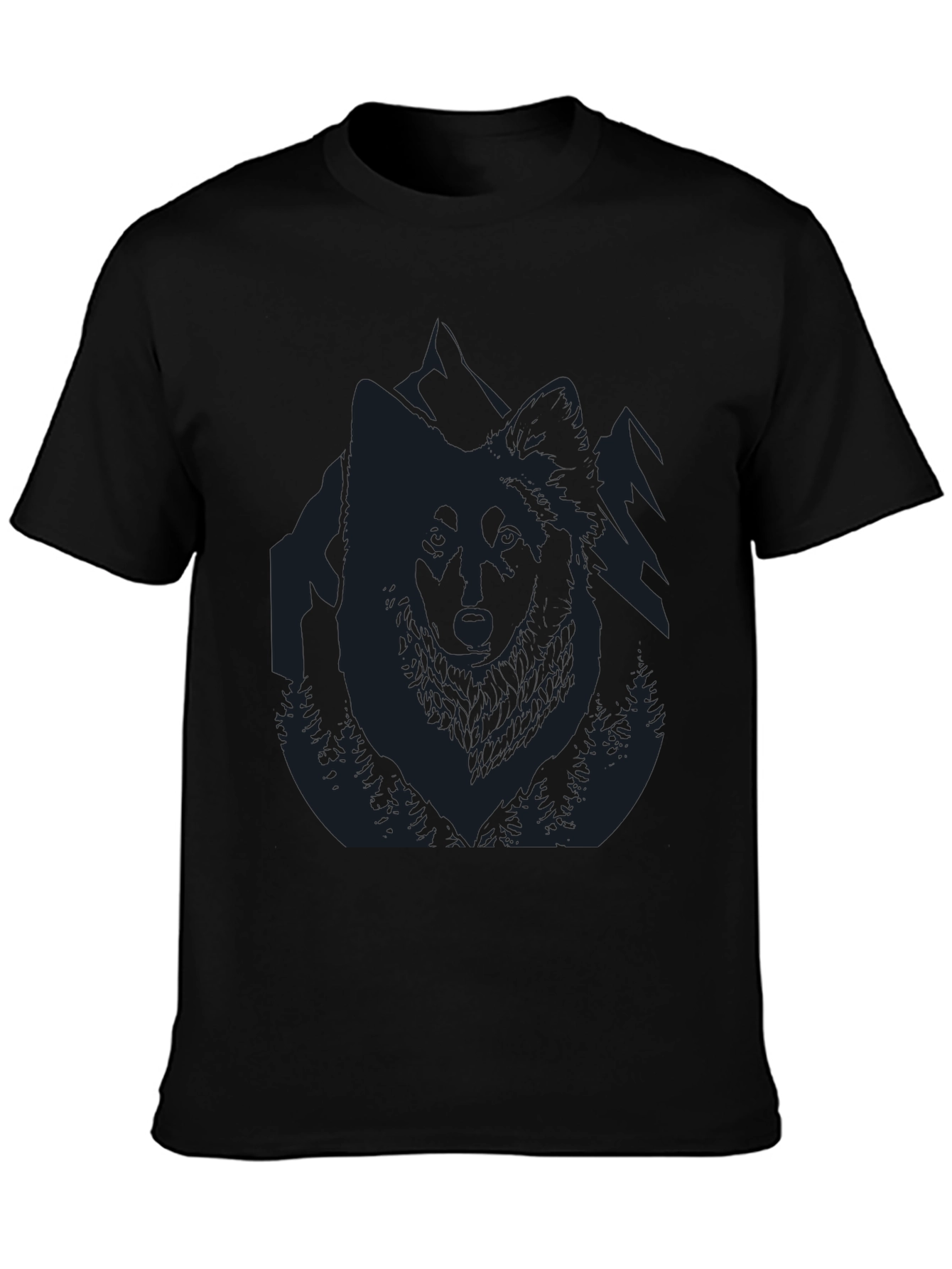 Mens Black T-Shirt with Wolf and Mountain Design