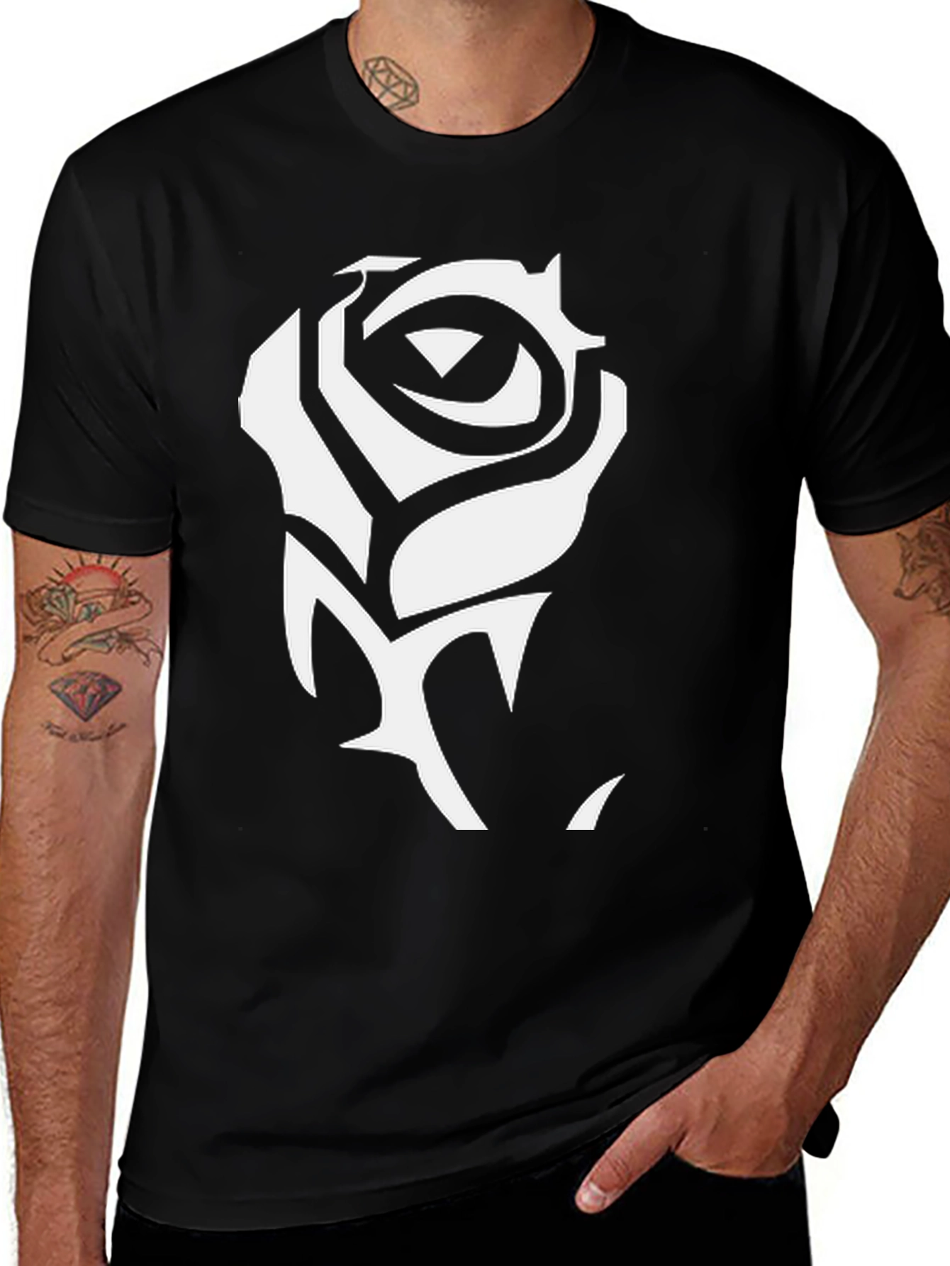 Black T-Shirt with White Rose Graphic