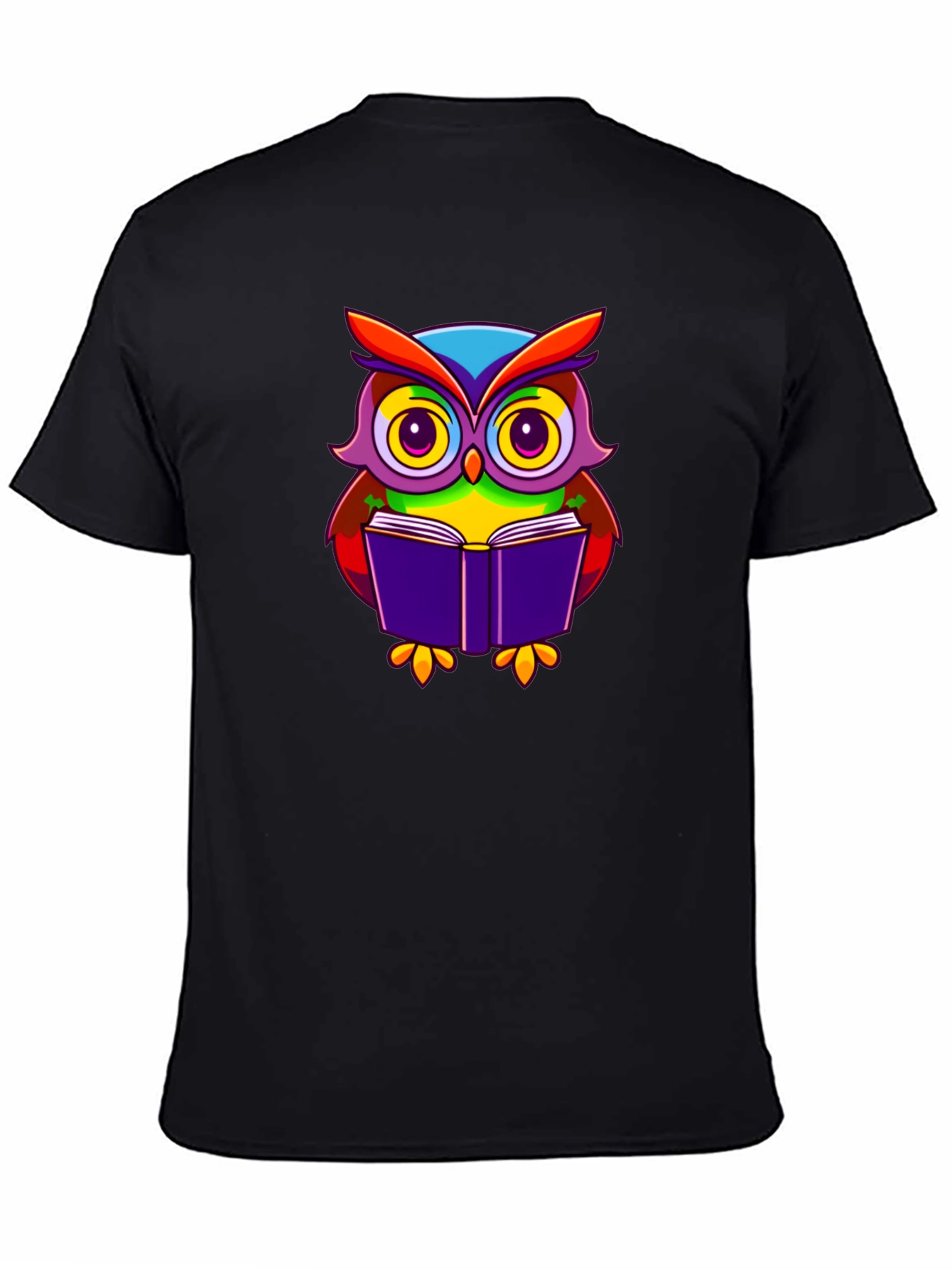 Owl Reading Book Graphic T-Shirt - Black Cotton Tee