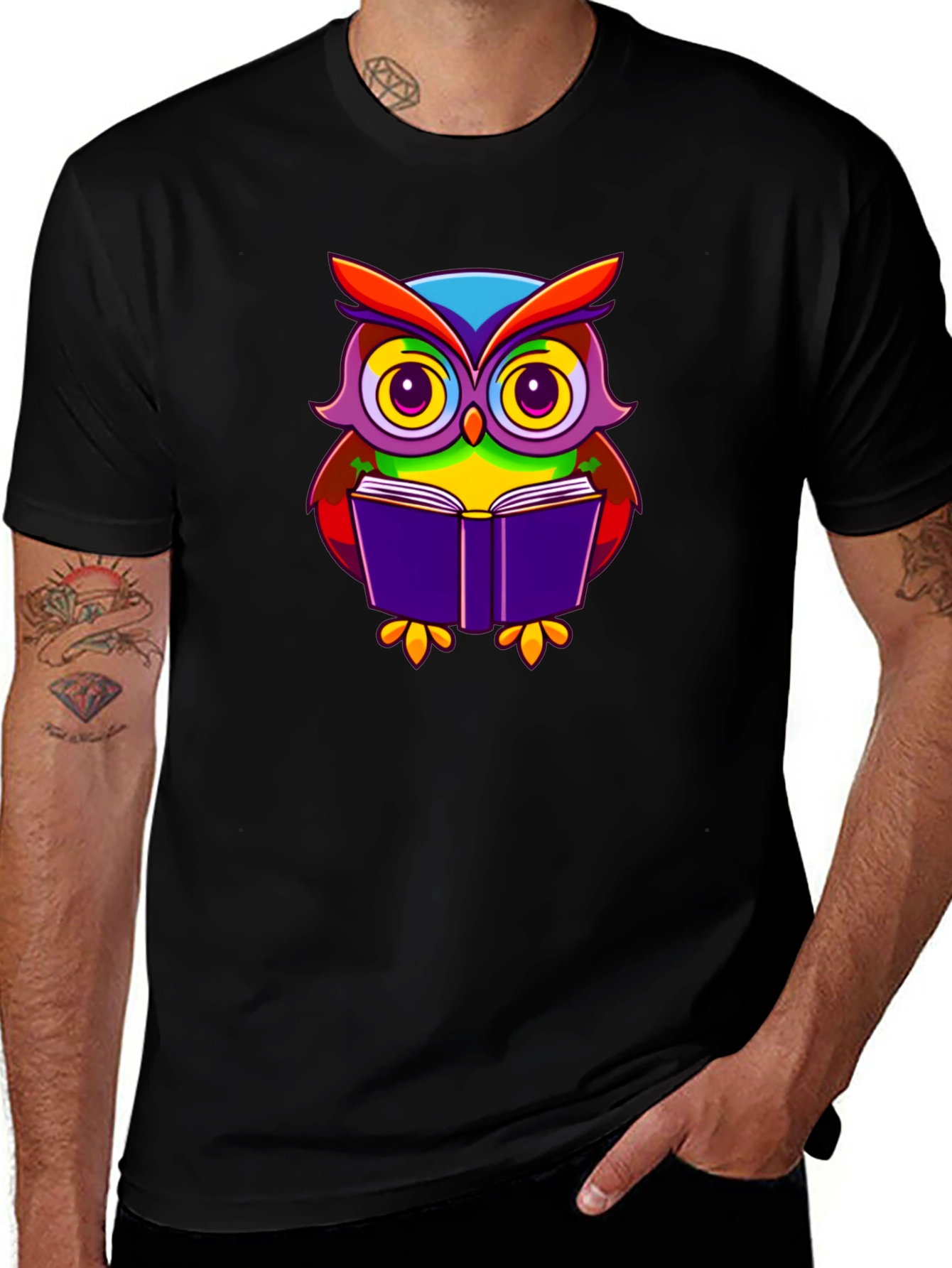 Owl Reading Book Graphic T-Shirt - Black Cotton Tee