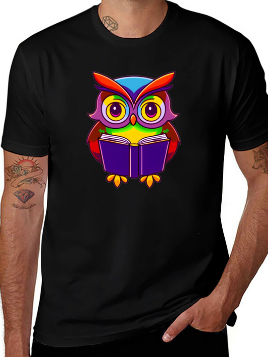 Owl Reading Book Graphic T-Shirt - Black Cotton Tee
