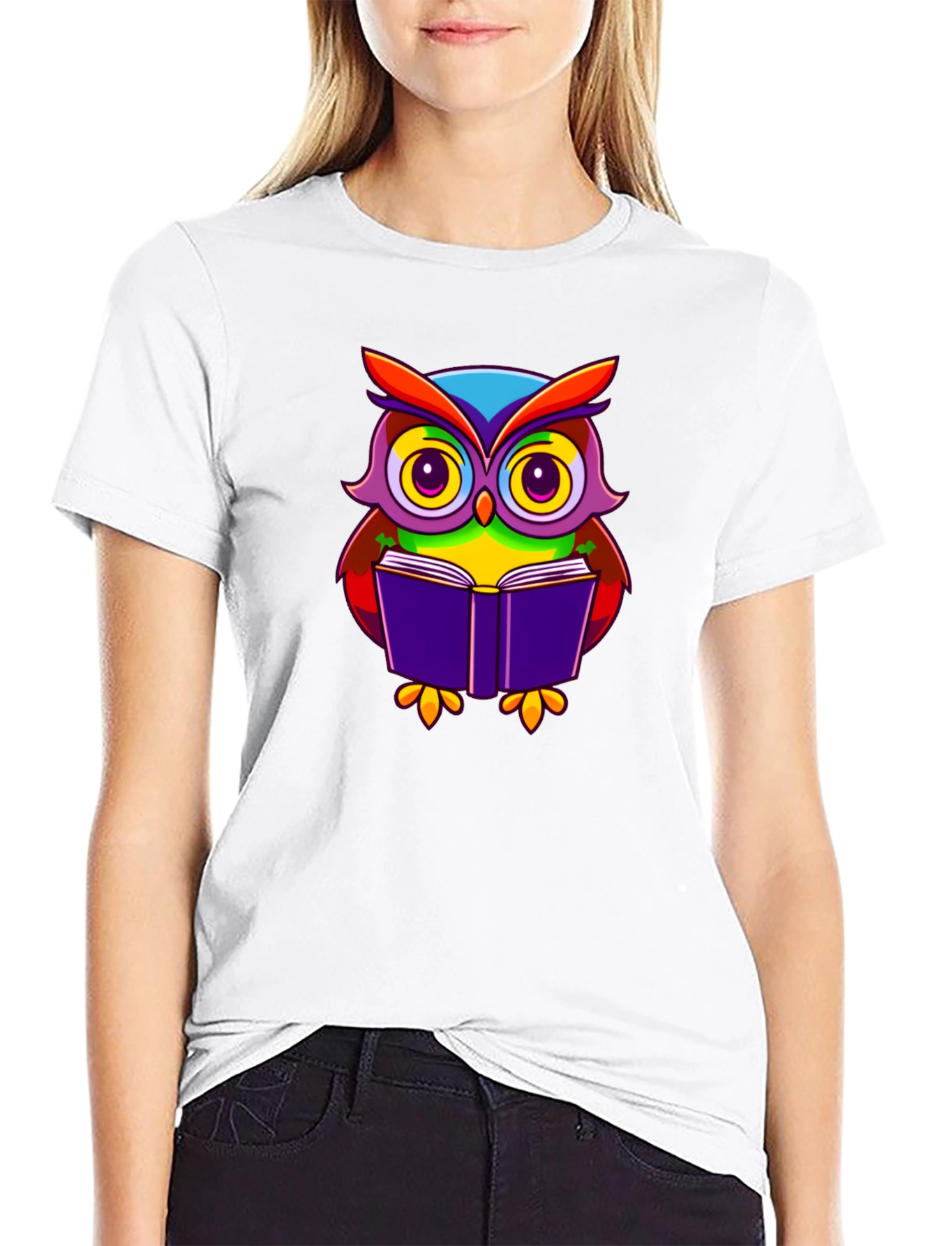 Owl Reading Book Graphic T-Shirt - Black Cotton Tee