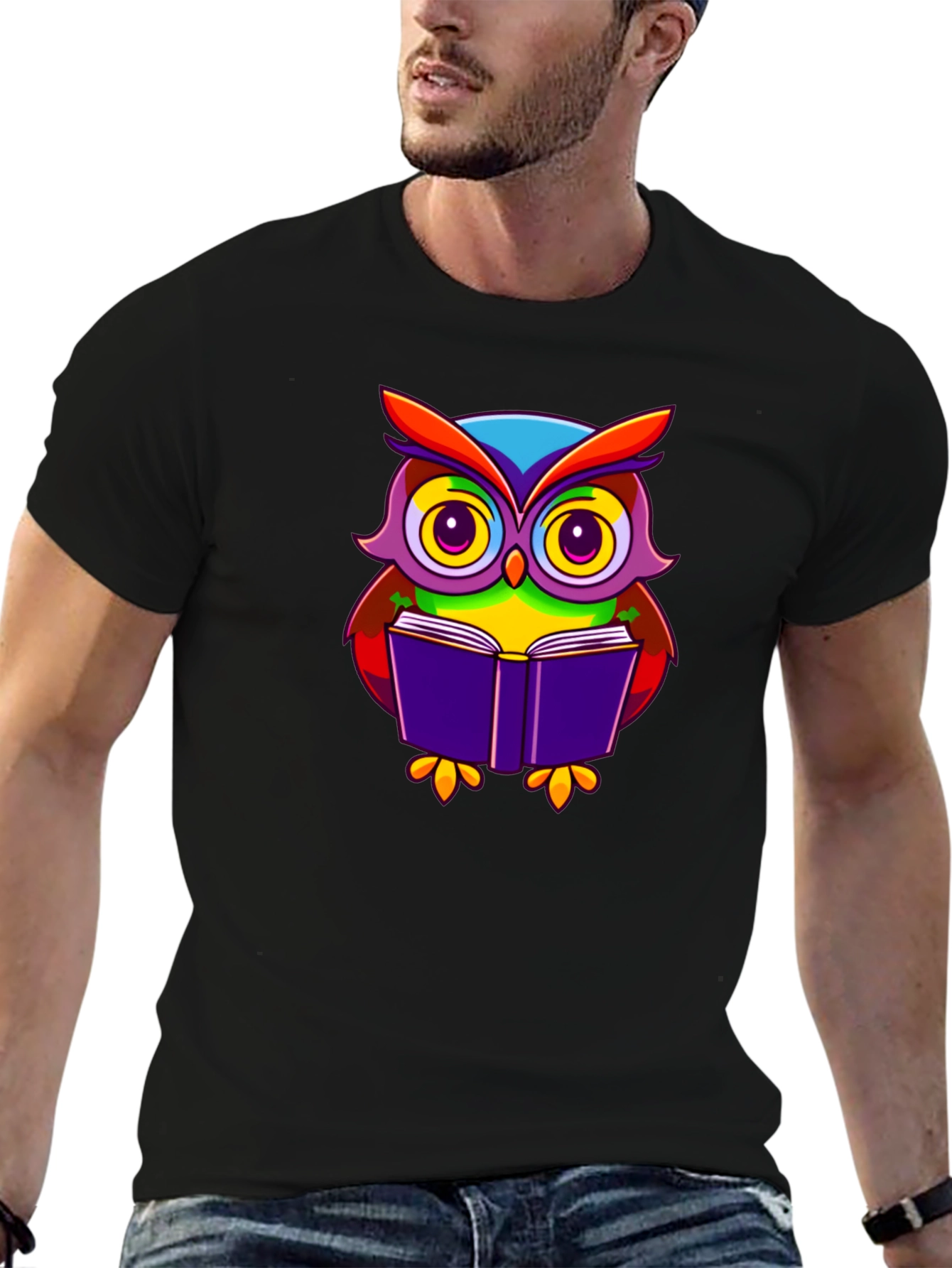 Owl Reading Book Graphic T-Shirt - Black Cotton Tee