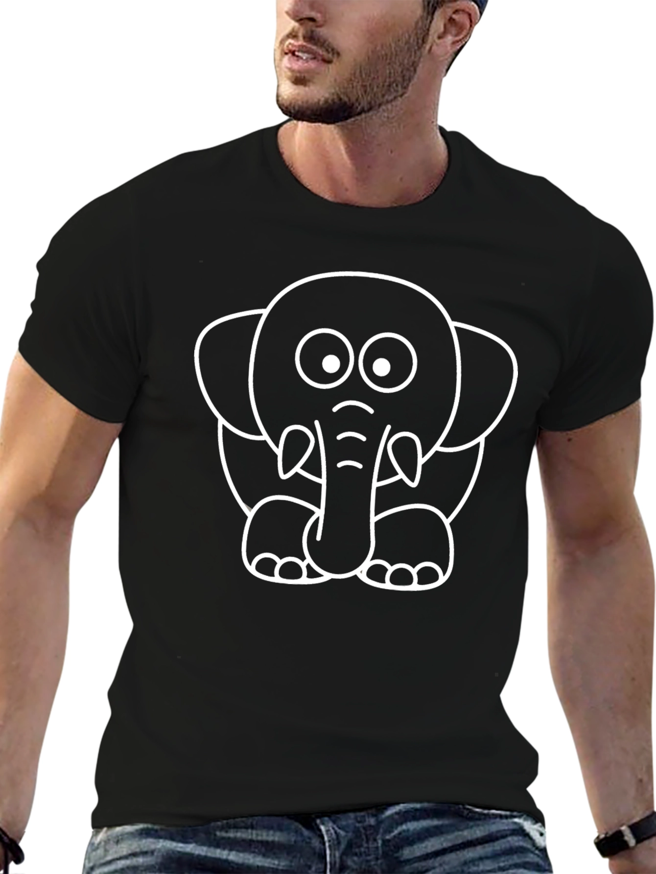 Cute Elephant Outline Black T-Shirt