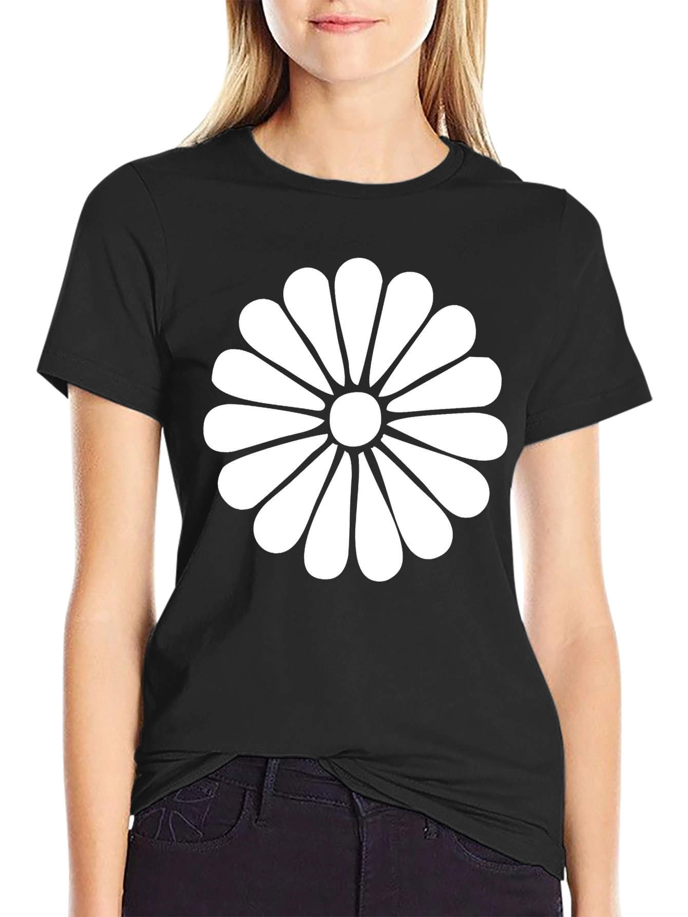 Black T-Shirt with White Flower Graphic