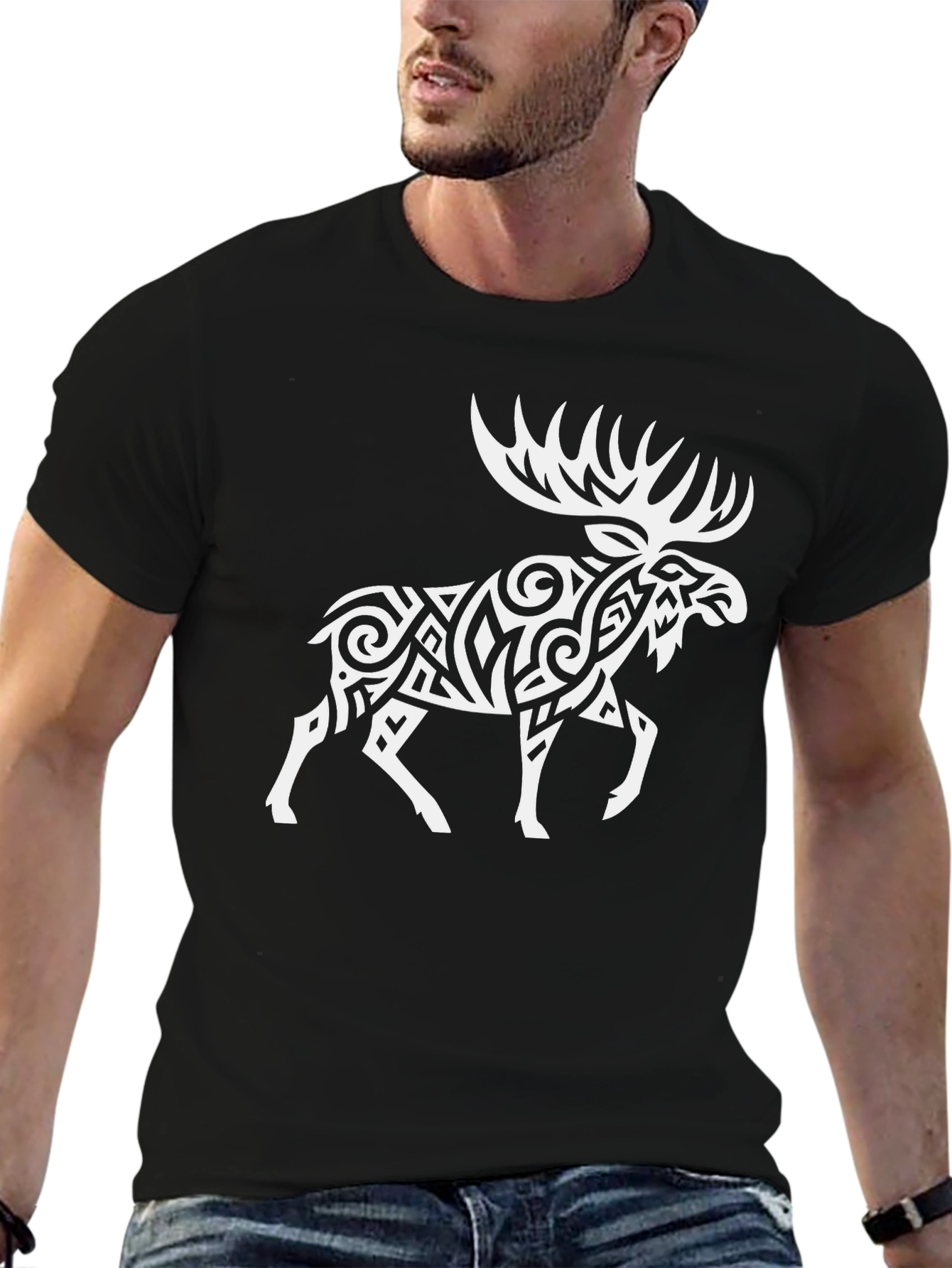 Tribal Moose Graphic Tee - Black Cotton Blend T-Shirt