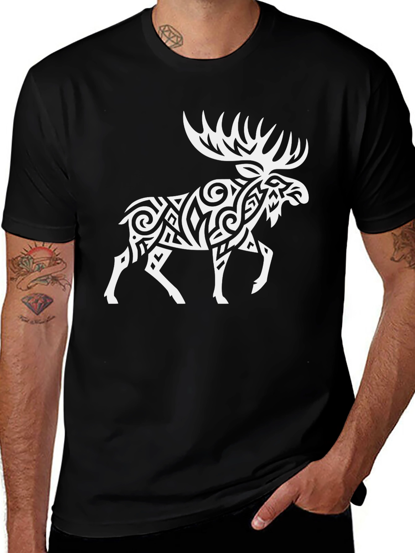 Tribal Moose Graphic Tee - Black Cotton Blend T-Shirt