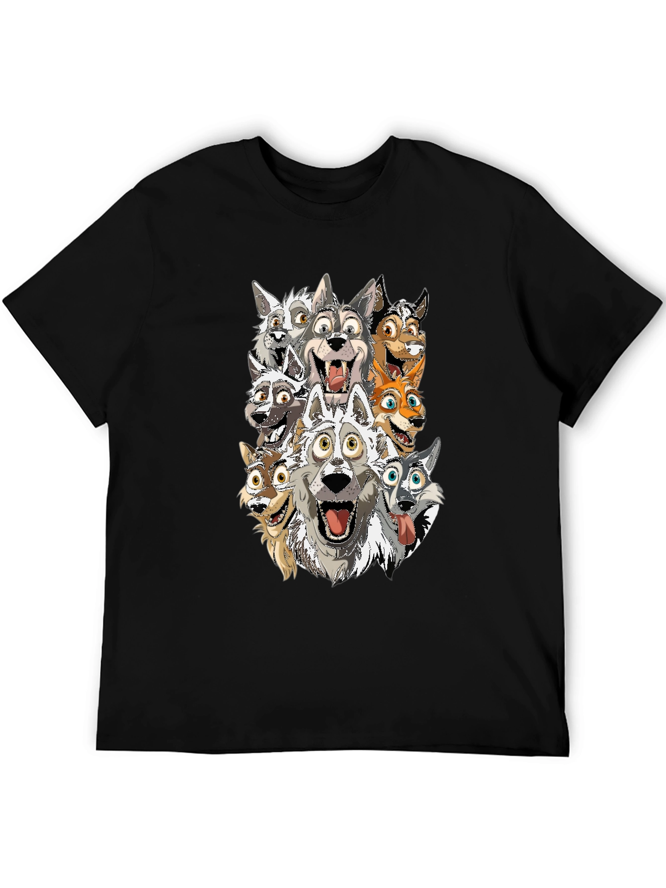 Cartoon Wolf Pack T-Shirt - Black Cotton Tee
