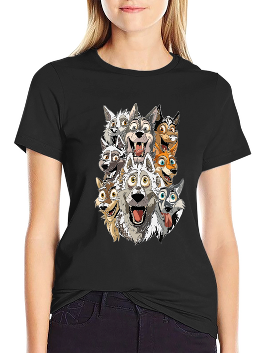 Cartoon Wolf Pack T-Shirt - Black Cotton Tee