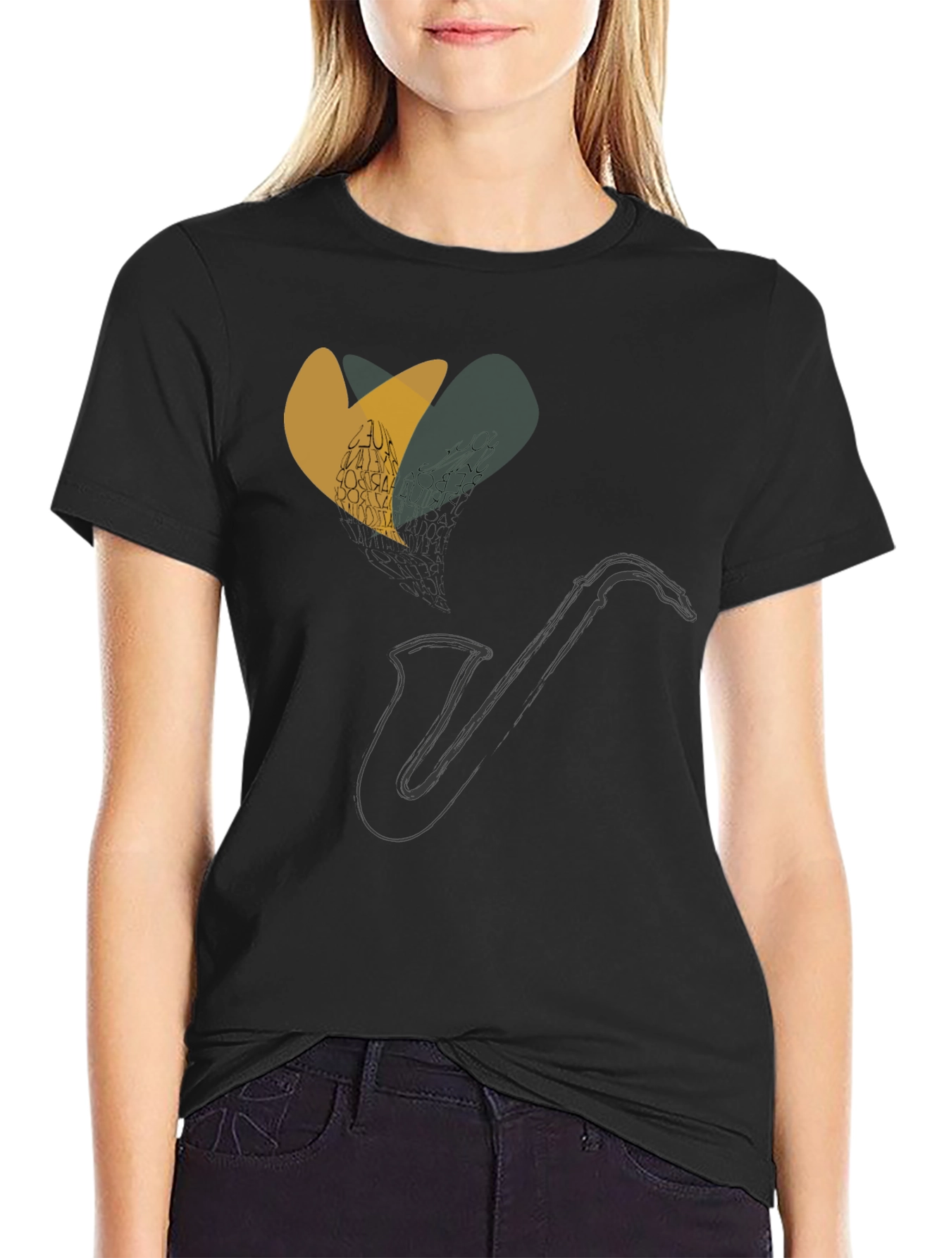 Saxophone Heart Graphic Tee - Black Cotton Comfort