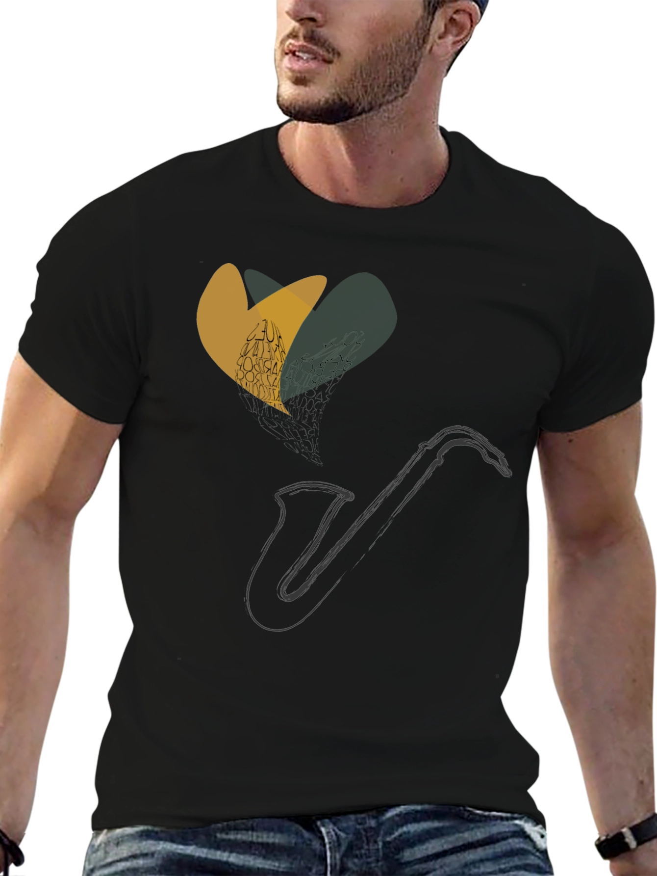 Saxophone Heart Graphic Tee - Black Cotton Comfort