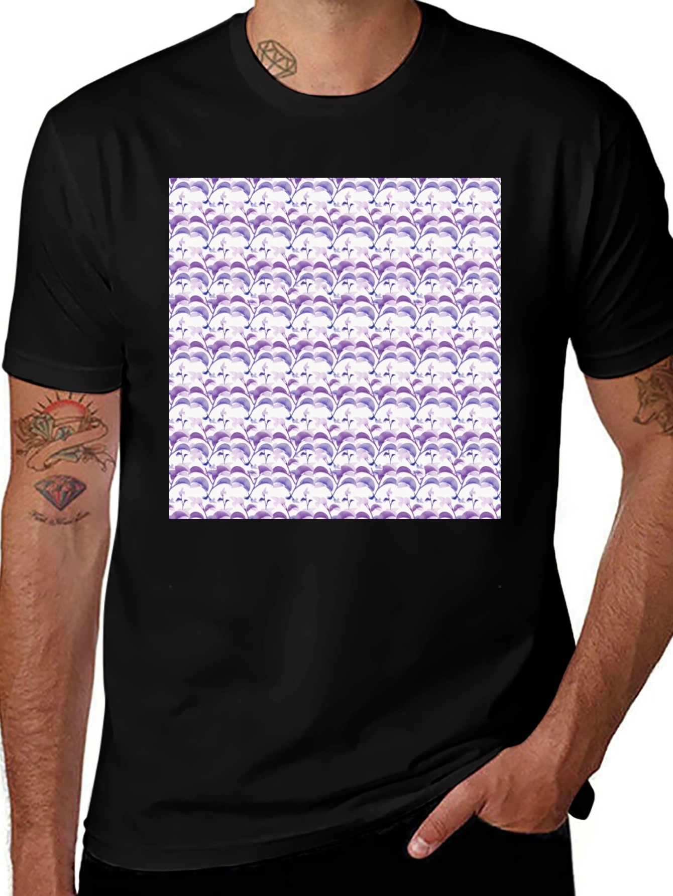 Stylish Black Tee with Abstract Purple Pattern