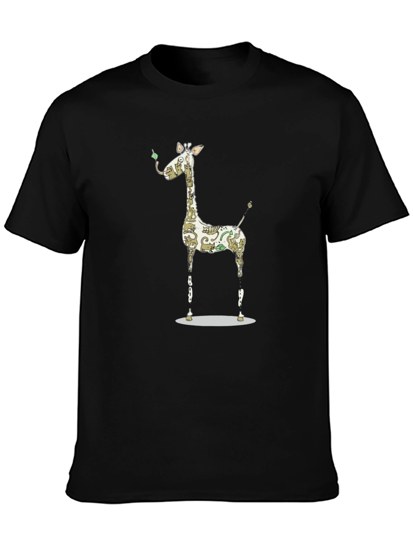 Giraffe Cat Pattern Graphic Print Black T-Shirt