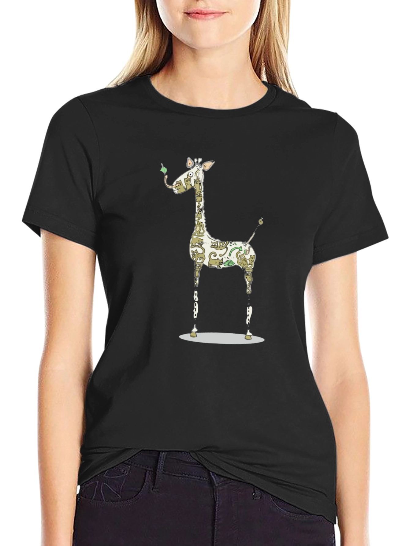Giraffe Cat Pattern Graphic Print Black T-Shirt