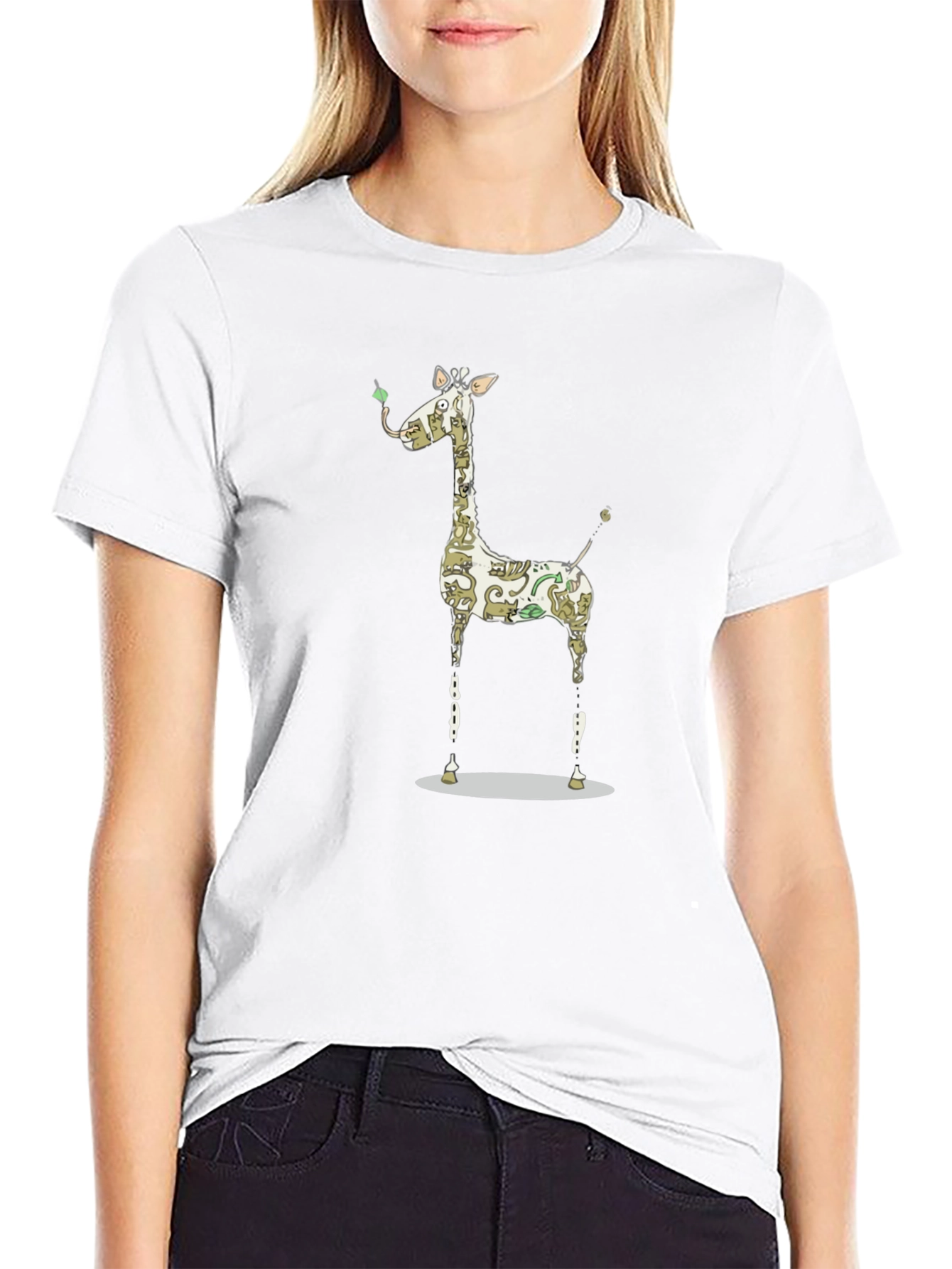 Giraffe Cat Pattern Graphic Print Black T-Shirt