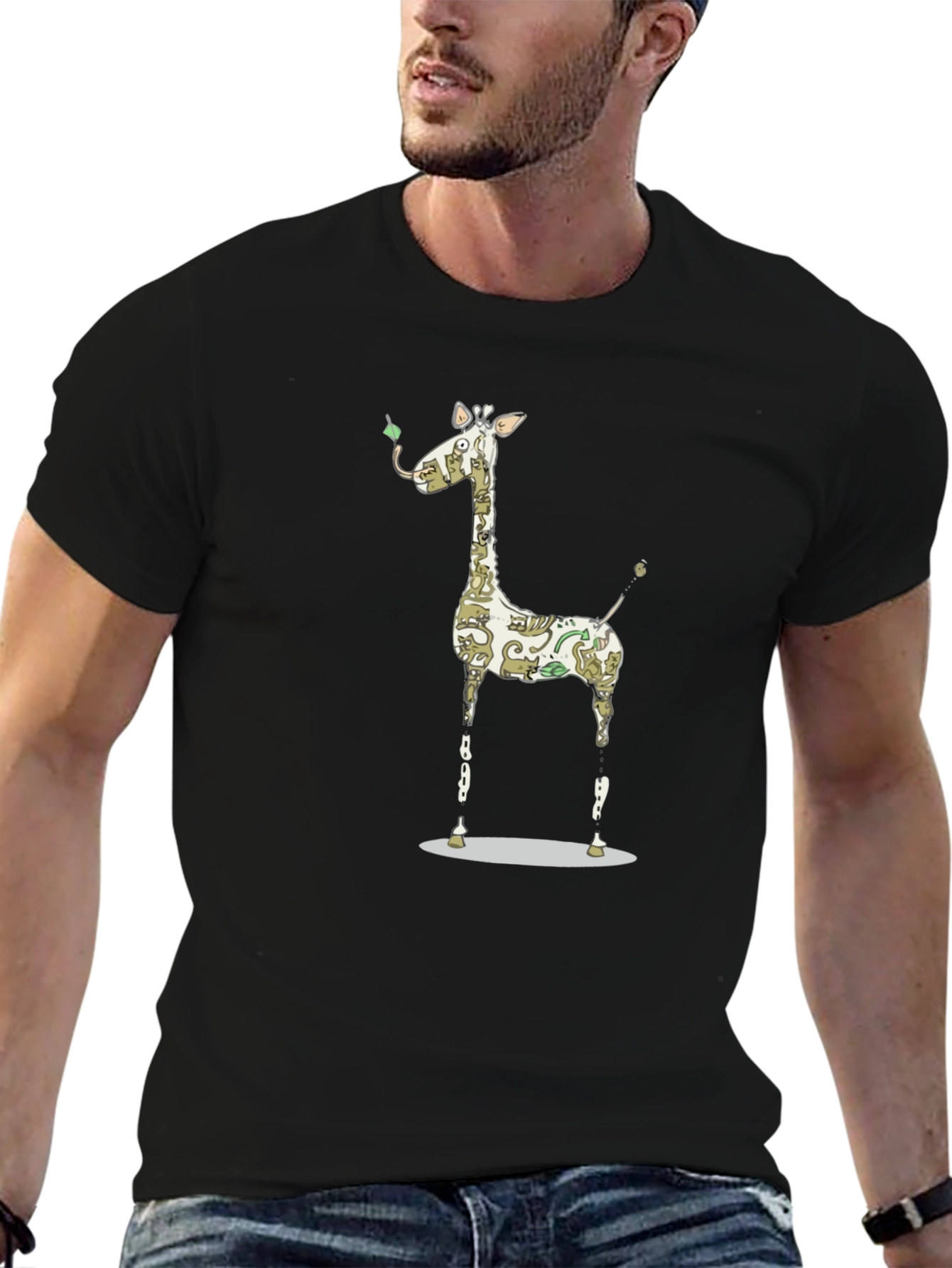Giraffe Cat Pattern Graphic Print Black T-Shirt