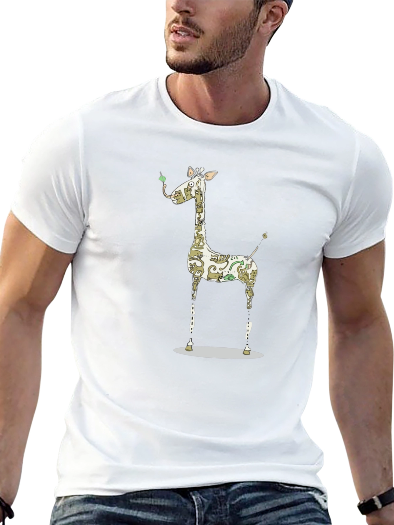 Giraffe Cat Pattern Graphic Print Black T-Shirt