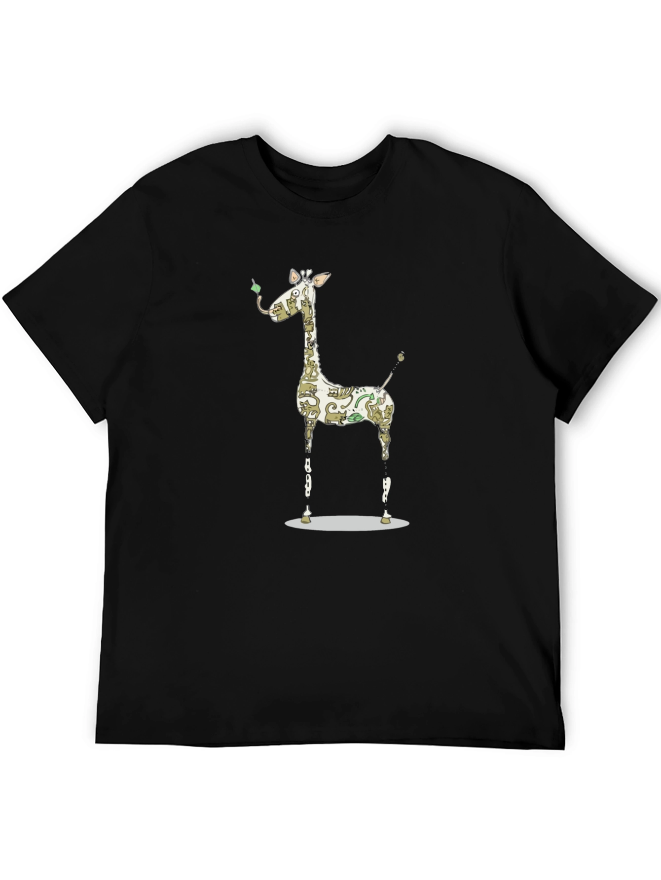 Giraffe Cat Pattern Graphic Print Black T-Shirt